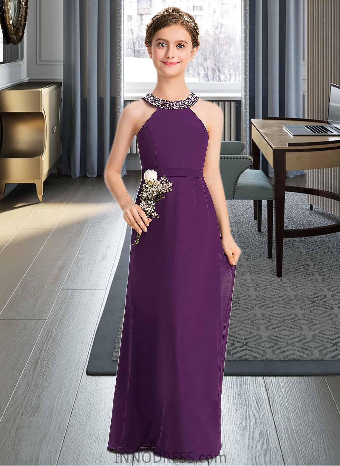 Diamond A-Line Scoop Neck Floor-Length Chiffon Junior Bridesmaid Dress With Beading Bow(s) DPP0013361