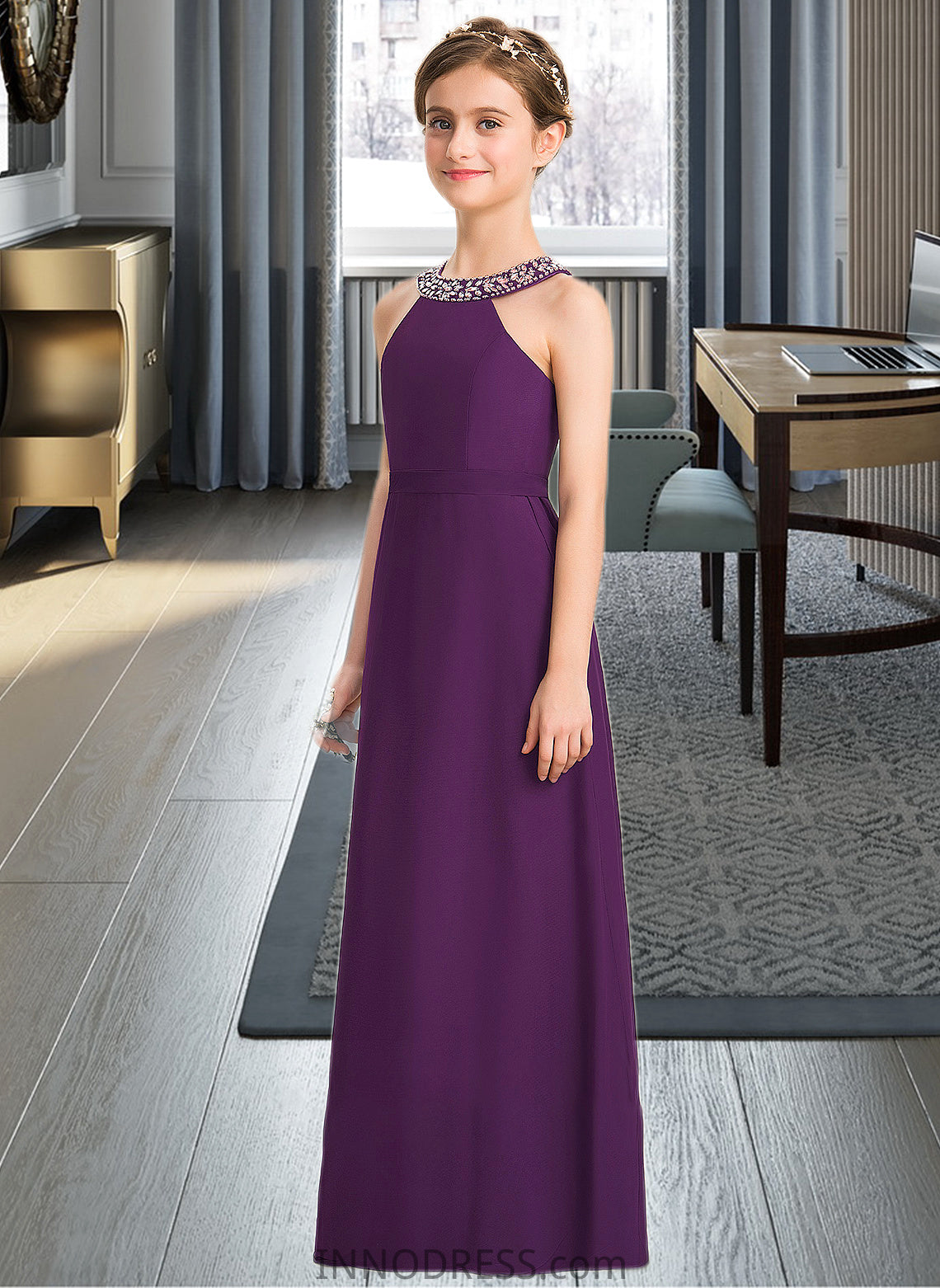 Diamond A-Line Scoop Neck Floor-Length Chiffon Junior Bridesmaid Dress With Beading Bow(s) DPP0013361