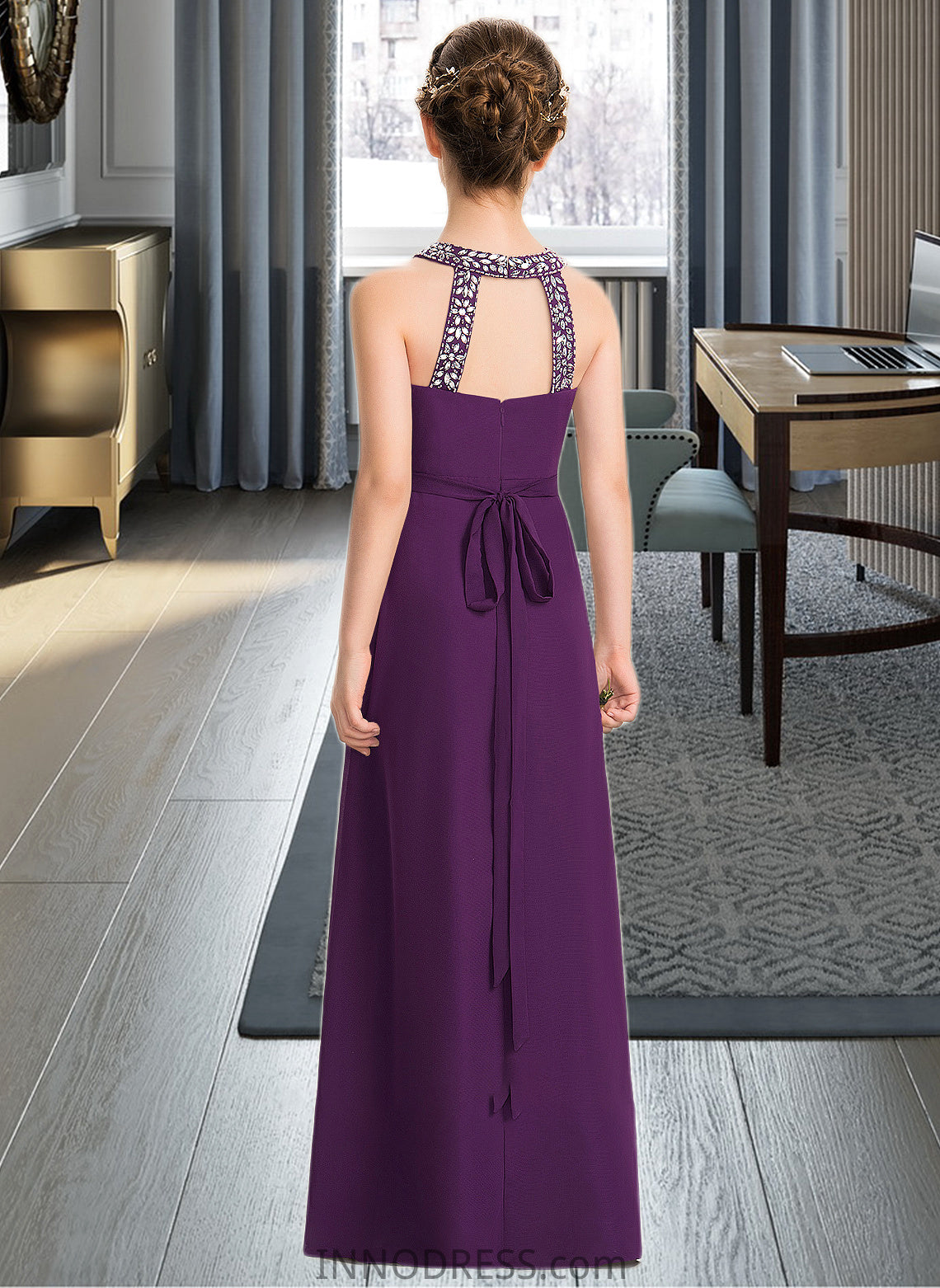 Diamond A-Line Scoop Neck Floor-Length Chiffon Junior Bridesmaid Dress With Beading Bow(s) DPP0013361