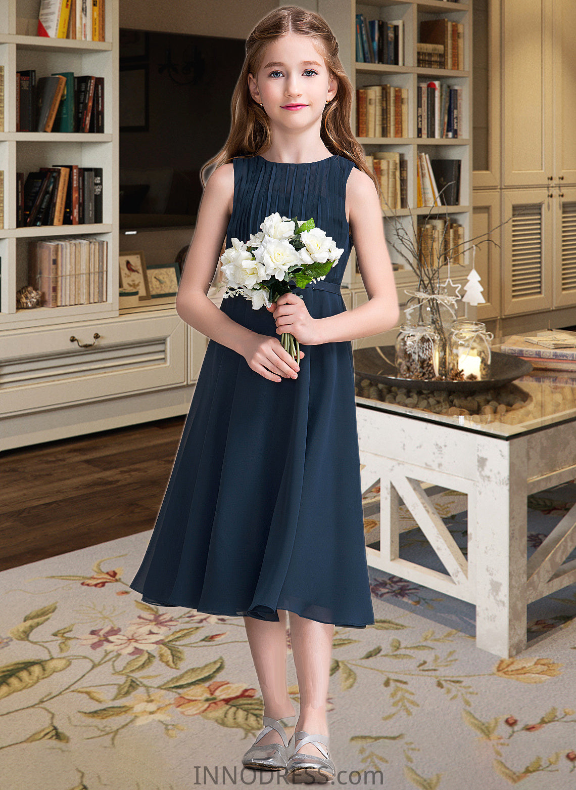 Heidy A-Line Scoop Neck Tea-Length Chiffon Junior Bridesmaid Dress With Ruffle DPP0013362