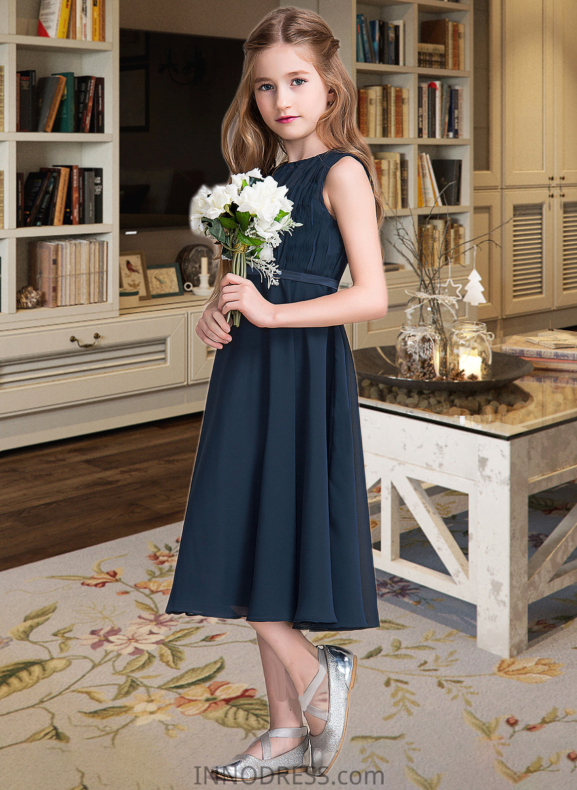 Heidy A-Line Scoop Neck Tea-Length Chiffon Junior Bridesmaid Dress With Ruffle DPP0013362