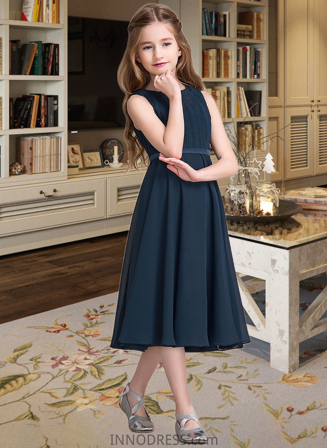 Heidy A-Line Scoop Neck Tea-Length Chiffon Junior Bridesmaid Dress With Ruffle DPP0013362