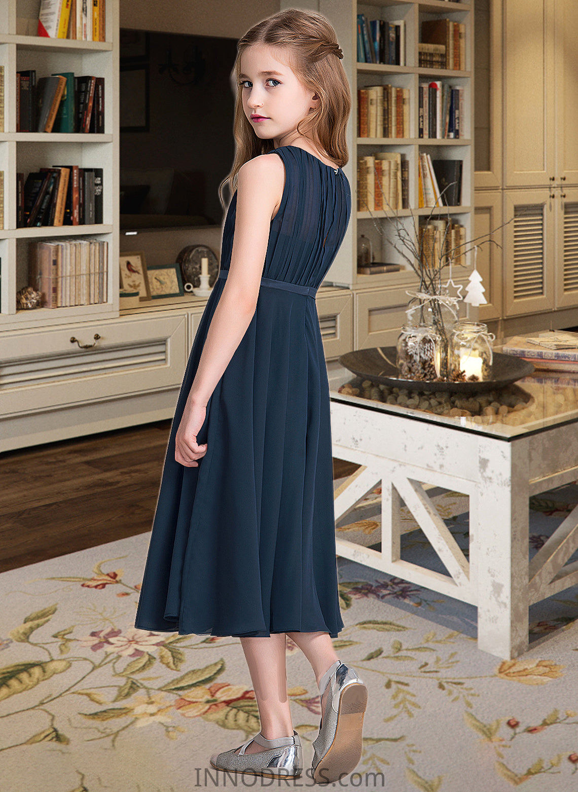 Heidy A-Line Scoop Neck Tea-Length Chiffon Junior Bridesmaid Dress With Ruffle DPP0013362