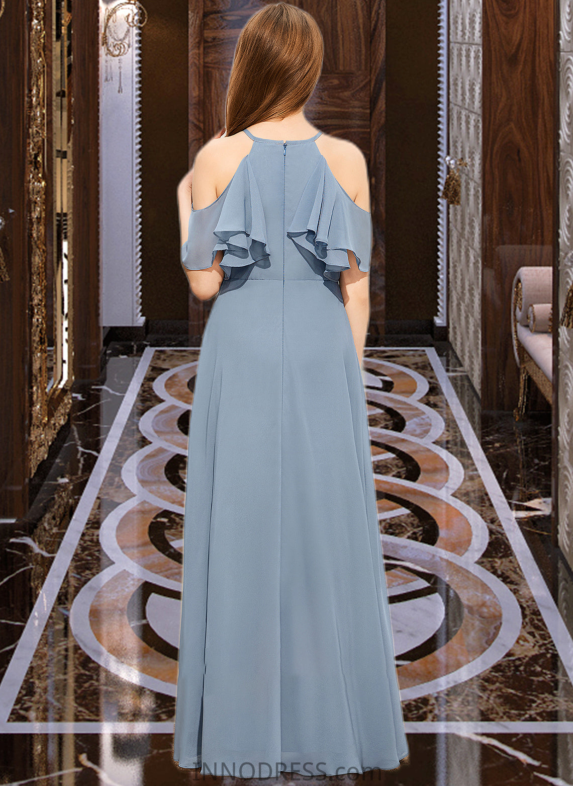 Amina A-Line Scoop Neck Floor-Length Chiffon Junior Bridesmaid Dress With Cascading Ruffles DPP0013367