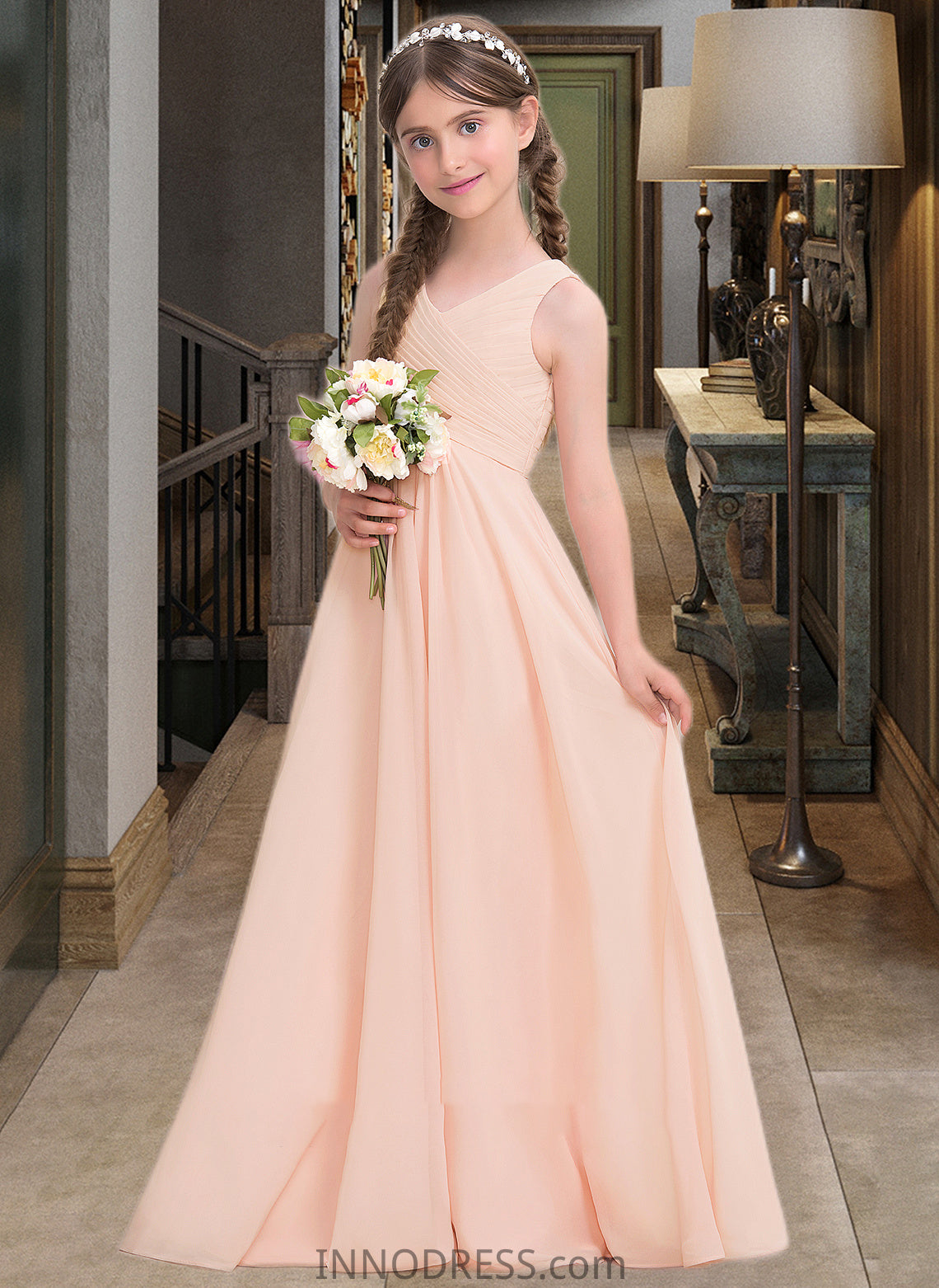 Nyasia A-Line V-neck Floor-Length Chiffon Junior Bridesmaid Dress With Ruffle DPP0013368