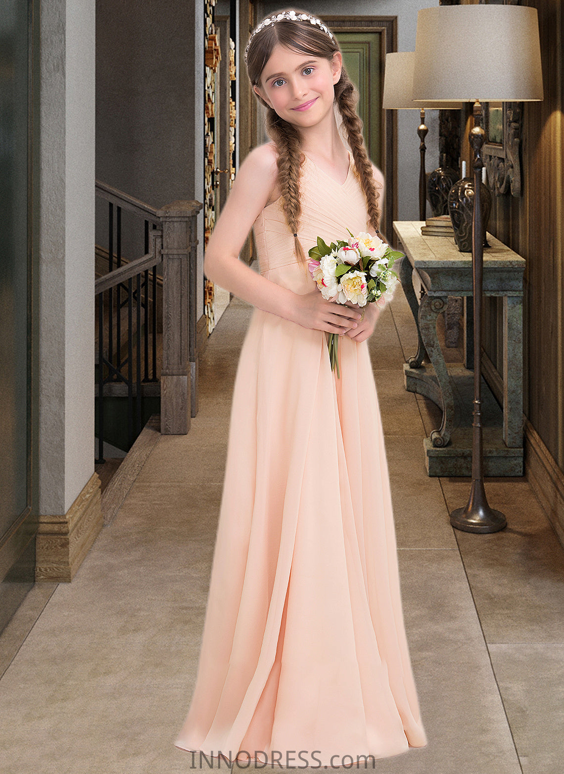 Nyasia A-Line V-neck Floor-Length Chiffon Junior Bridesmaid Dress With Ruffle DPP0013368