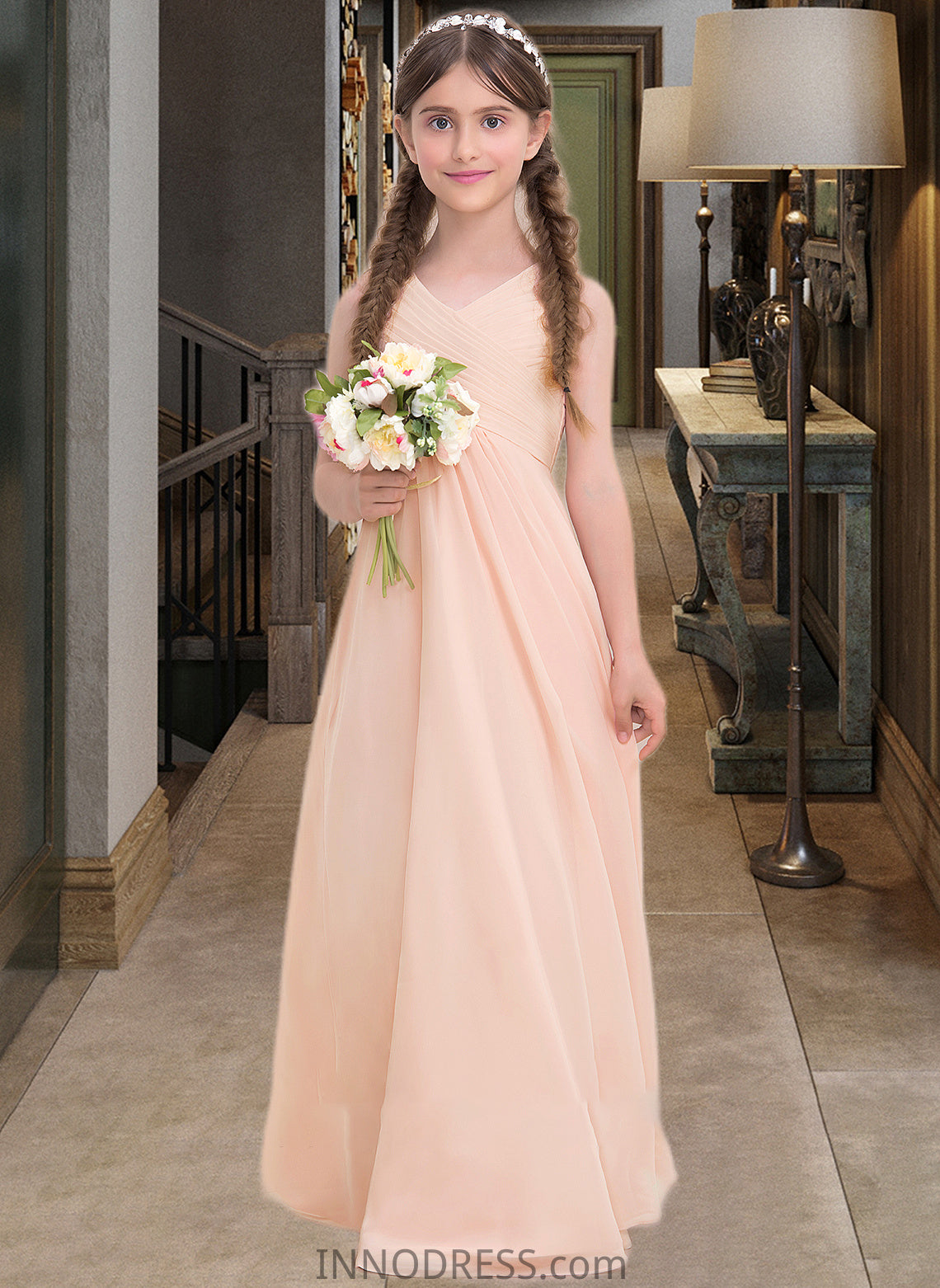 Nyasia A-Line V-neck Floor-Length Chiffon Junior Bridesmaid Dress With Ruffle DPP0013368