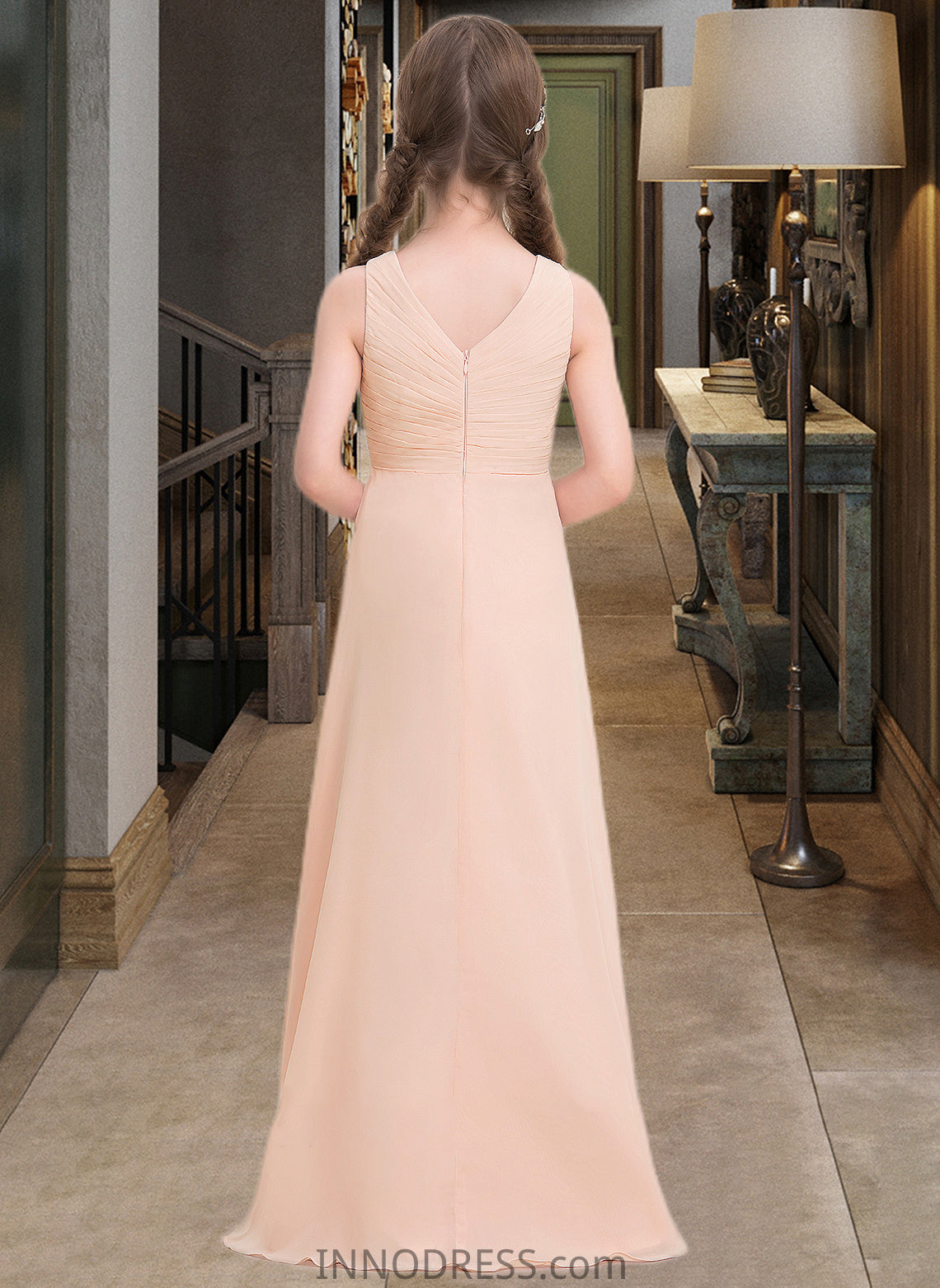 Nyasia A-Line V-neck Floor-Length Chiffon Junior Bridesmaid Dress With Ruffle DPP0013368