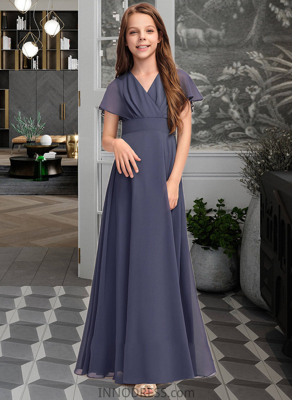 Noelle A-Line V-neck Floor-Length Chiffon Junior Bridesmaid Dress With Ruffle Bow(s) DPP0013369