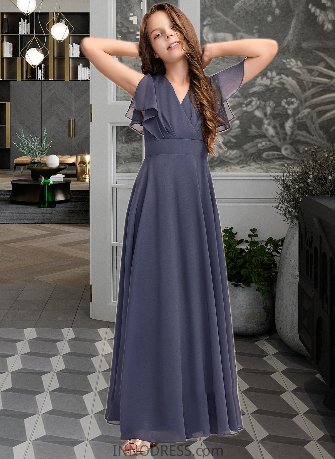 Noelle A-Line V-neck Floor-Length Chiffon Junior Bridesmaid Dress With Ruffle Bow(s) DPP0013369