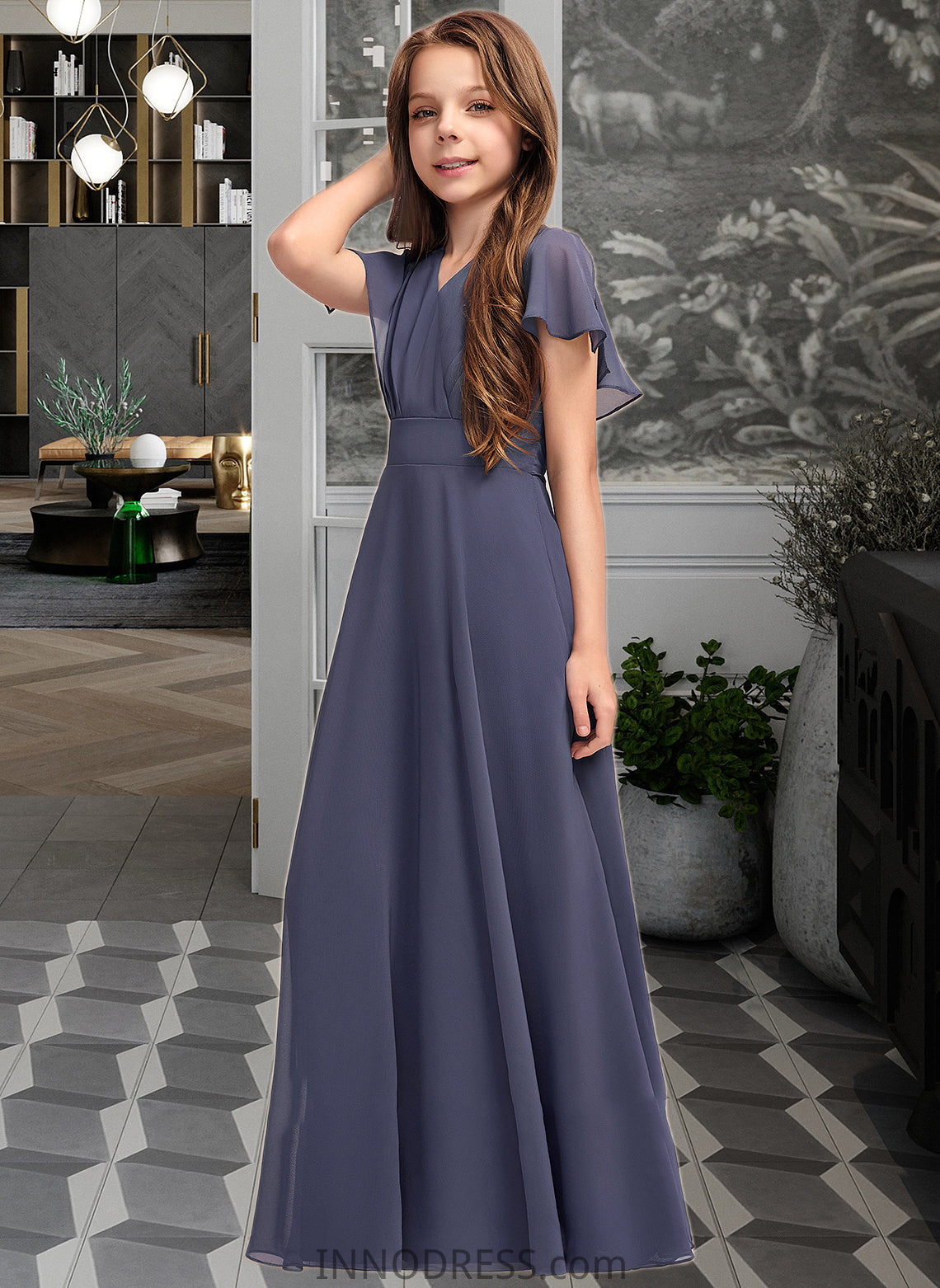 Noelle A-Line V-neck Floor-Length Chiffon Junior Bridesmaid Dress With Ruffle Bow(s) DPP0013369