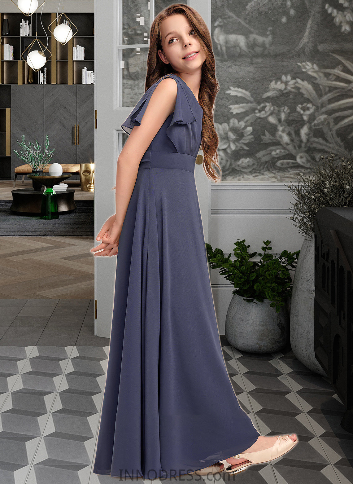 Noelle A-Line V-neck Floor-Length Chiffon Junior Bridesmaid Dress With Ruffle Bow(s) DPP0013369