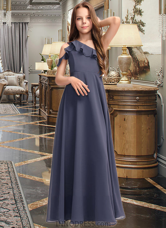 Nan A-Line One-Shoulder Floor-Length Chiffon Junior Bridesmaid Dress With Cascading Ruffles DPP0013370