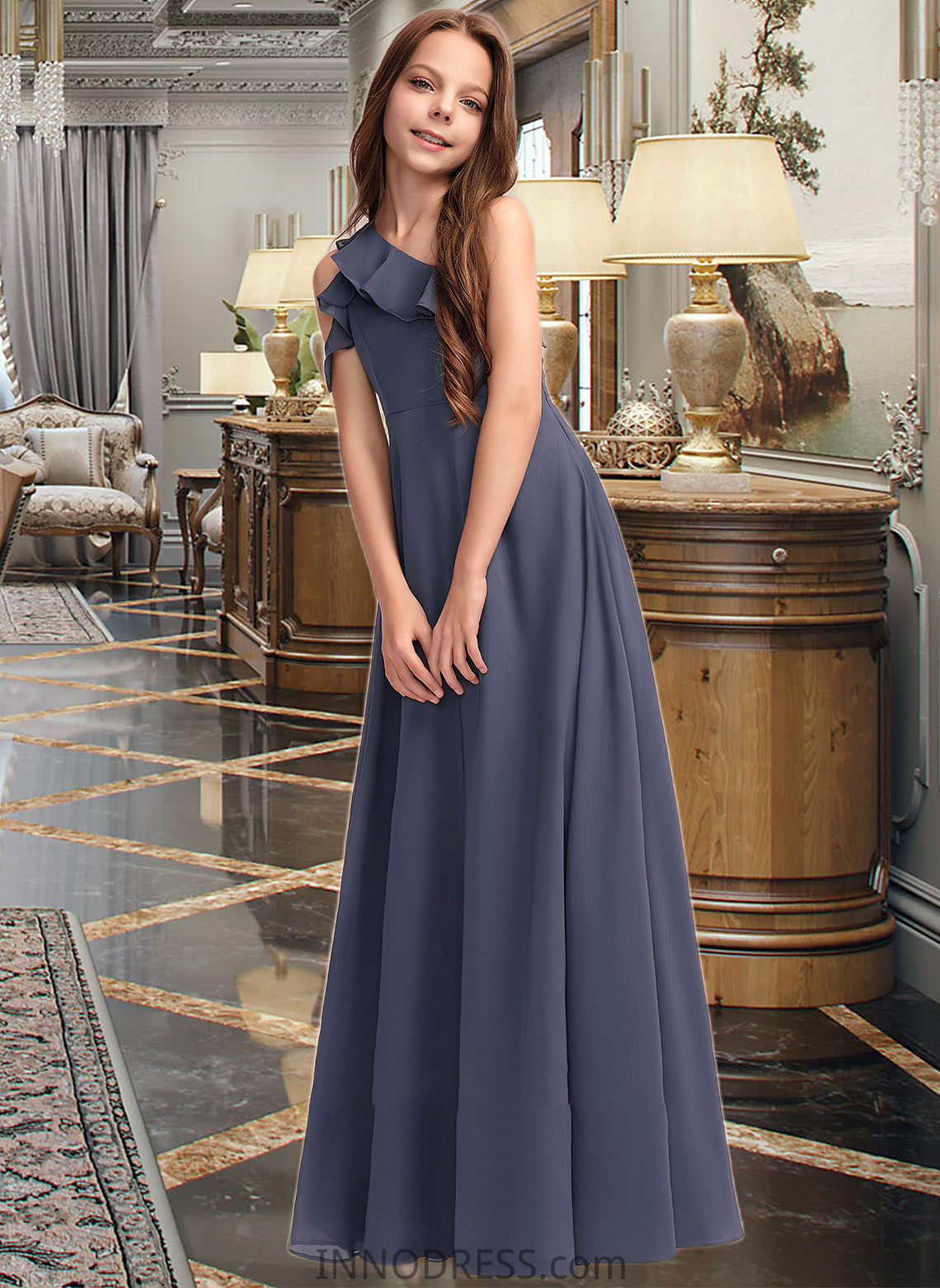 Nan A-Line One-Shoulder Floor-Length Chiffon Junior Bridesmaid Dress With Cascading Ruffles DPP0013370