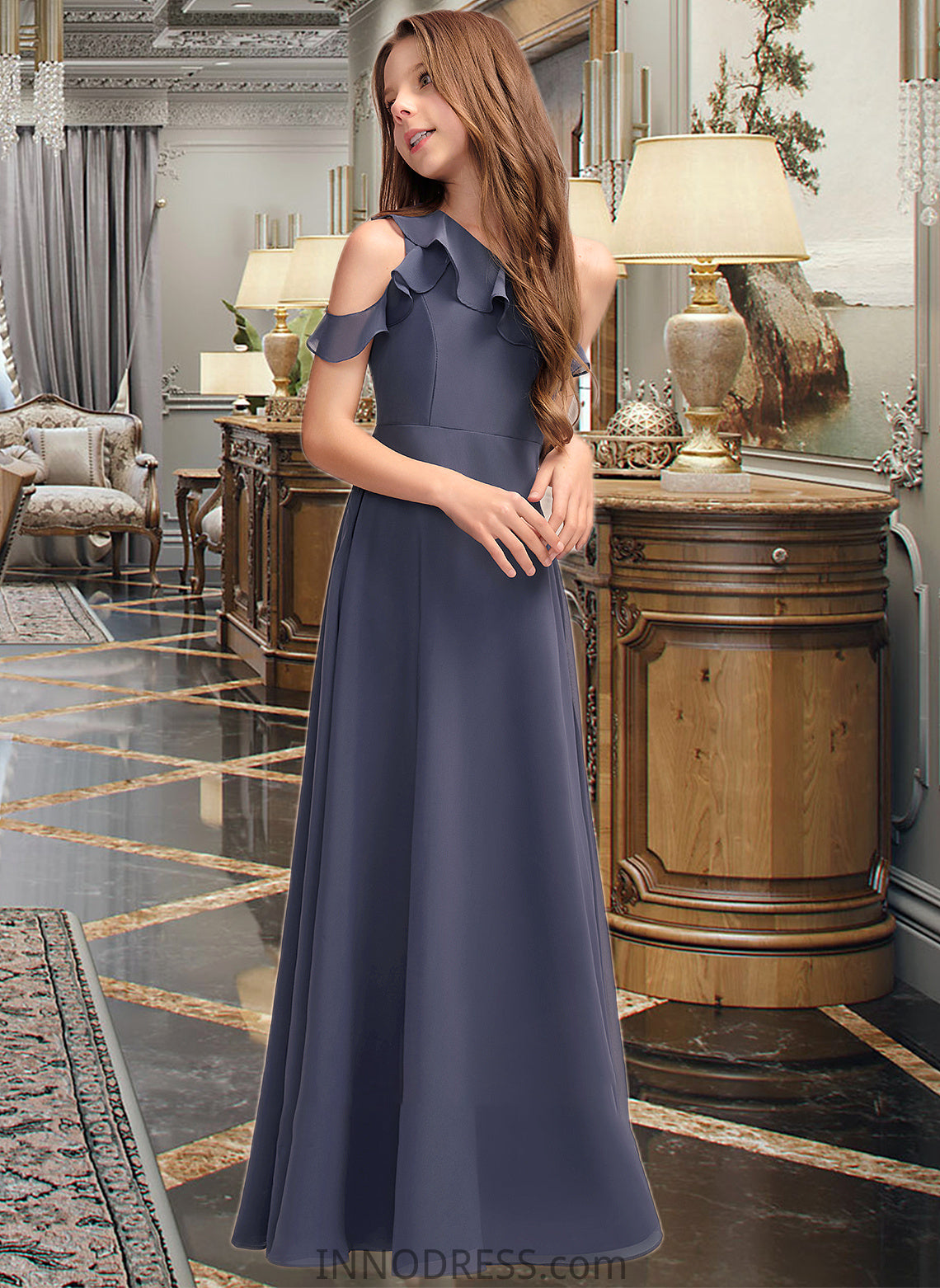 Nan A-Line One-Shoulder Floor-Length Chiffon Junior Bridesmaid Dress With Cascading Ruffles DPP0013370