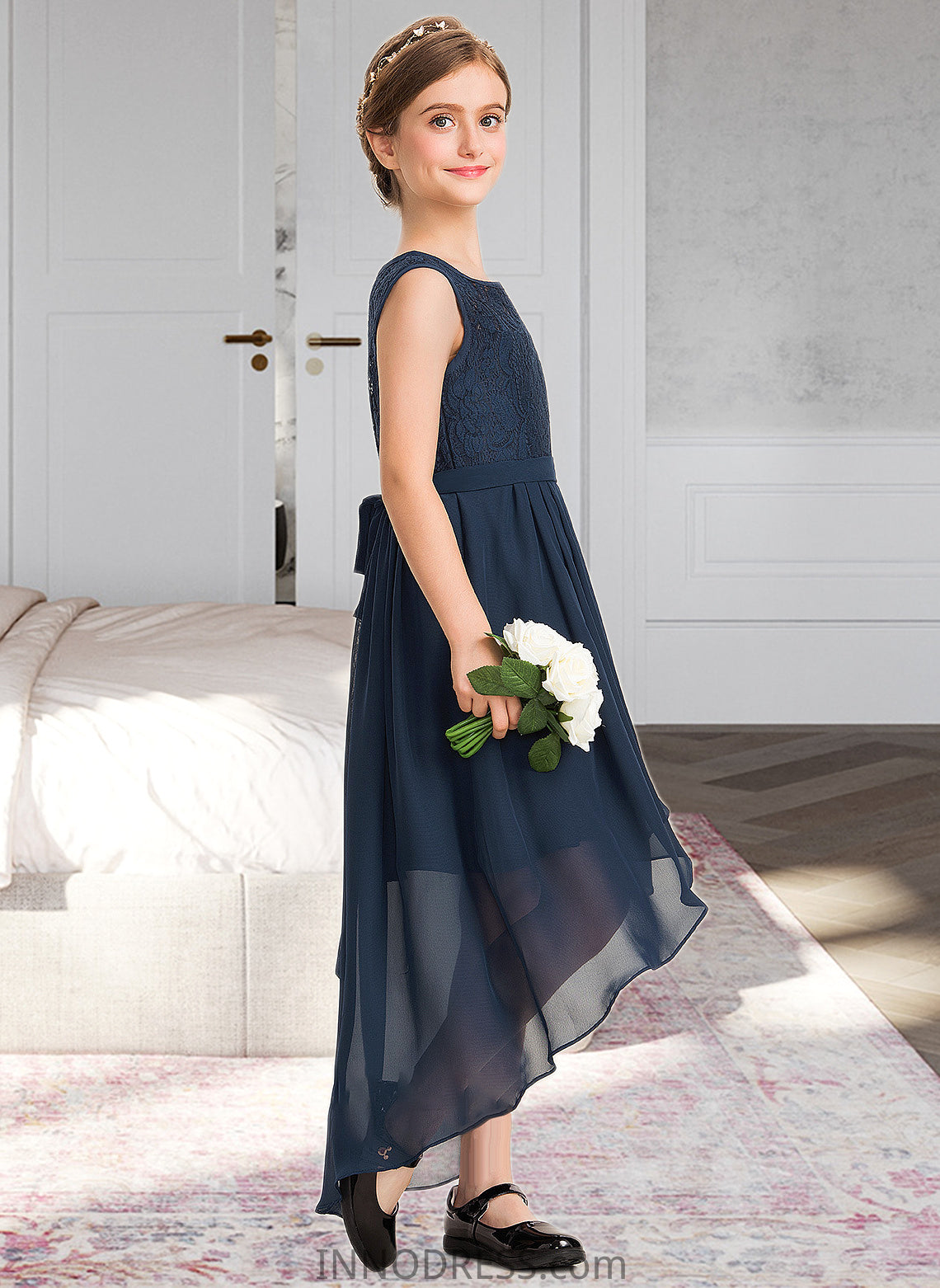 Celia A-Line Scoop Neck Asymmetrical Chiffon Lace Junior Bridesmaid Dress With Bow(s) Cascading Ruffles DPP0013373