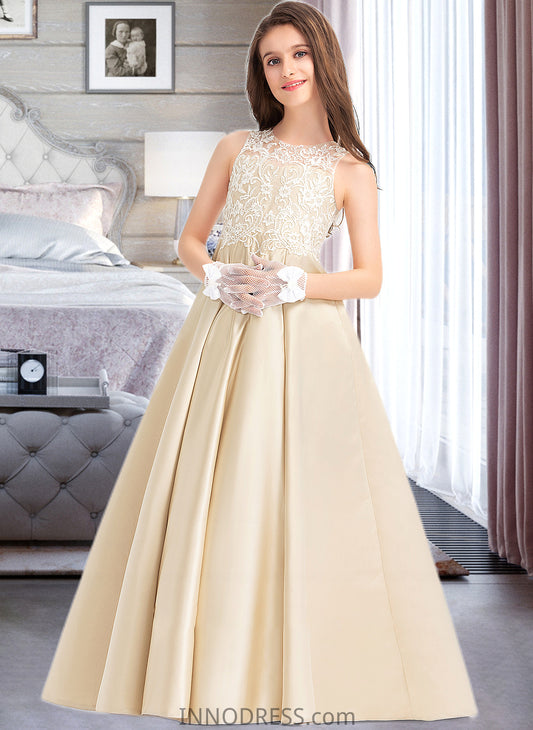 Erika Ball-Gown/Princess Scoop Neck Floor-Length Satin Lace Junior Bridesmaid Dress DPP0013374