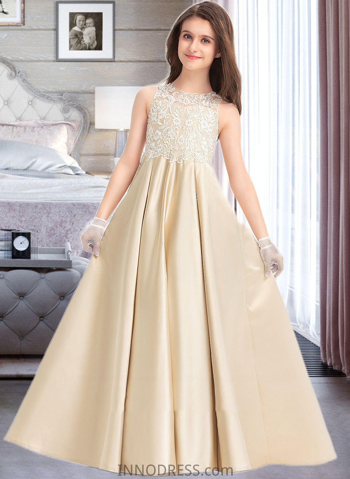 Erika Ball-Gown/Princess Scoop Neck Floor-Length Satin Lace Junior Bridesmaid Dress DPP0013374