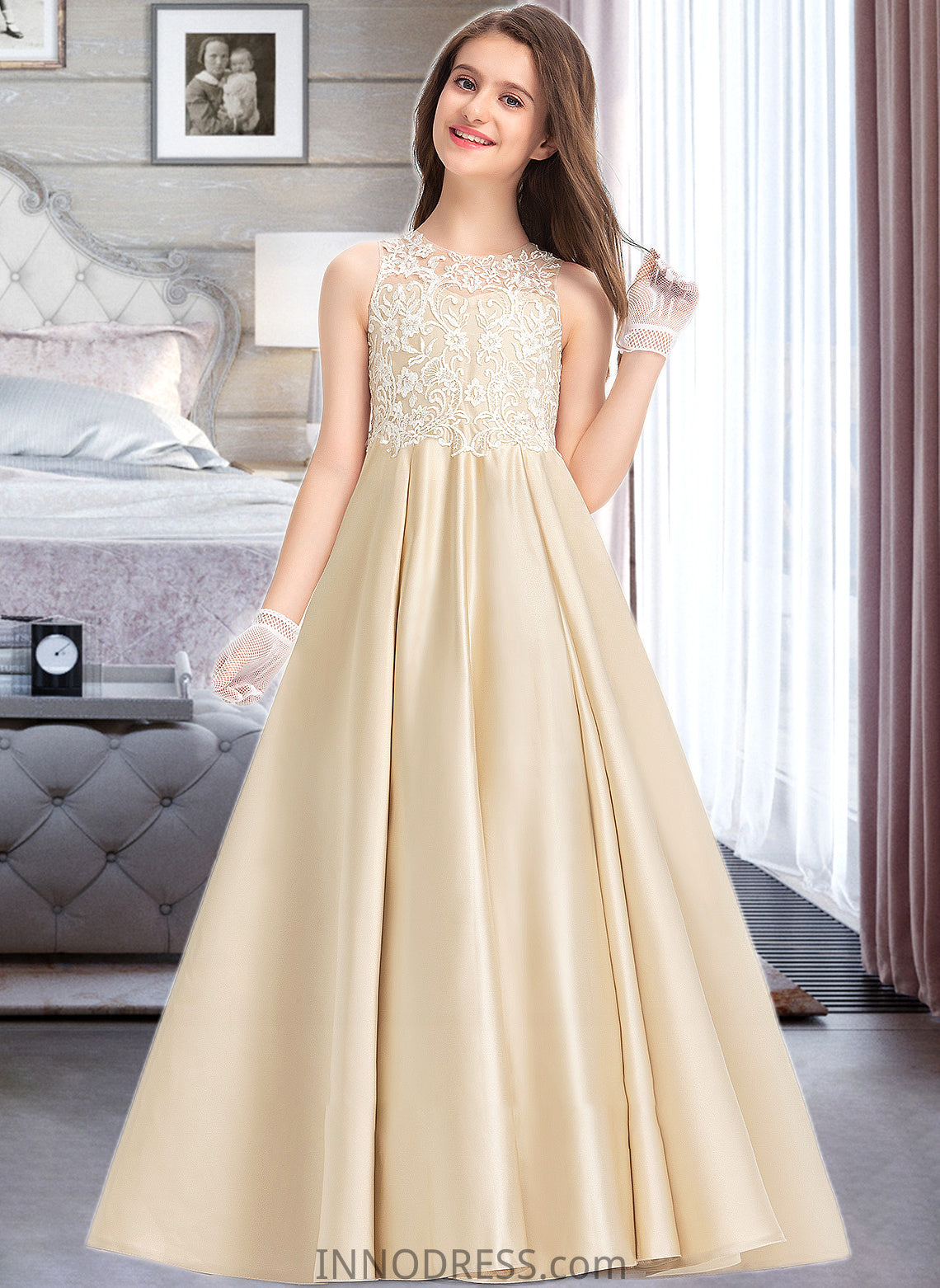 Erika Ball-Gown/Princess Scoop Neck Floor-Length Satin Lace Junior Bridesmaid Dress DPP0013374