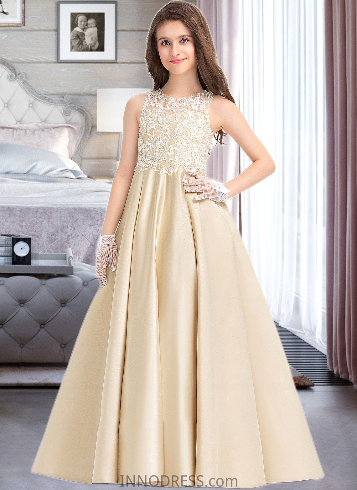 Erika Ball-Gown/Princess Scoop Neck Floor-Length Satin Lace Junior Bridesmaid Dress DPP0013374