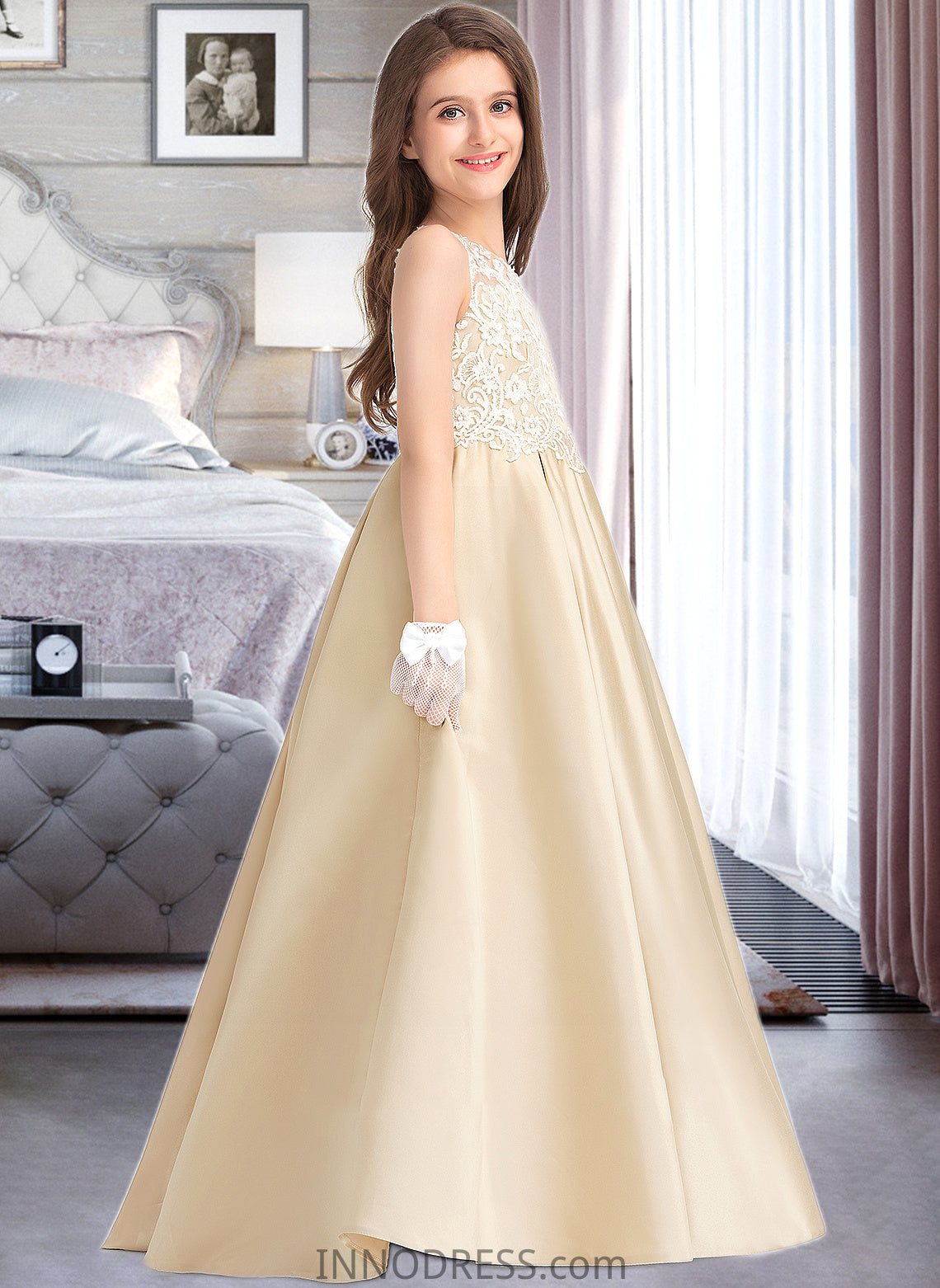 Erika Ball-Gown/Princess Scoop Neck Floor-Length Satin Lace Junior Bridesmaid Dress DPP0013374