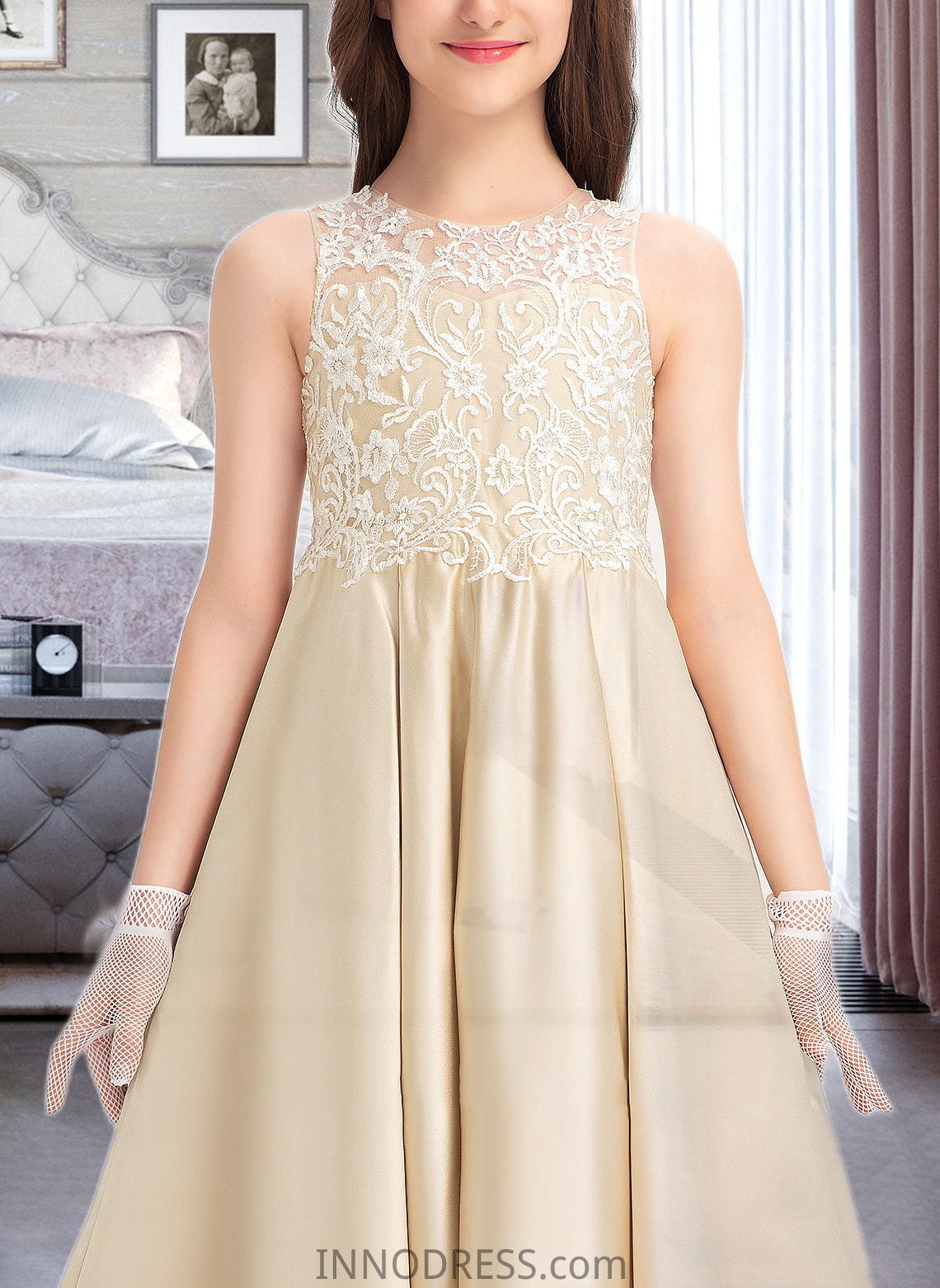 Erika Ball-Gown/Princess Scoop Neck Floor-Length Satin Lace Junior Bridesmaid Dress DPP0013374