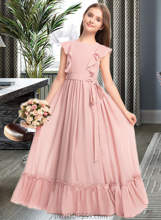 Lizeth A-Line Scoop Neck Floor-Length Chiffon Junior Bridesmaid Dress With Bow(s) Cascading Ruffles DPP0013375