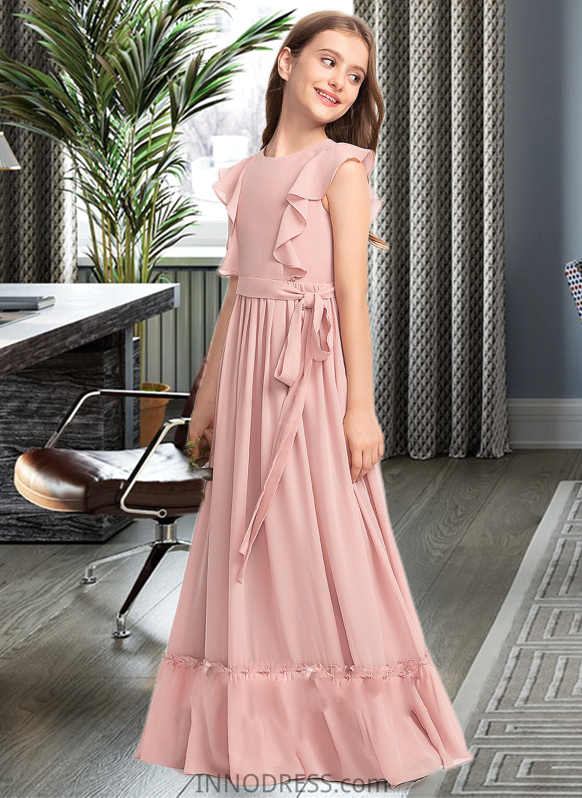 Lizeth A-Line Scoop Neck Floor-Length Chiffon Junior Bridesmaid Dress With Bow(s) Cascading Ruffles DPP0013375