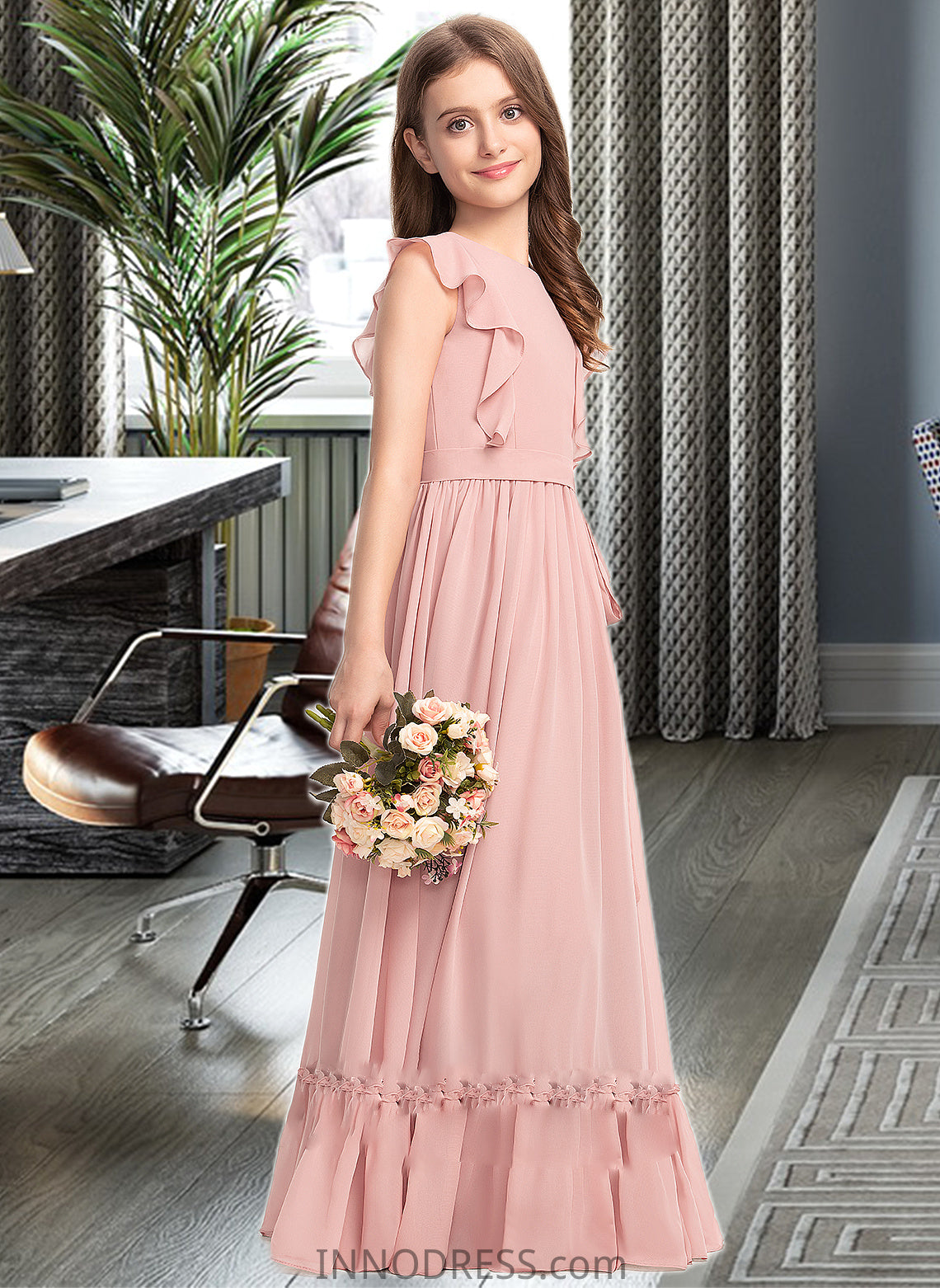 Lizeth A-Line Scoop Neck Floor-Length Chiffon Junior Bridesmaid Dress With Bow(s) Cascading Ruffles DPP0013375