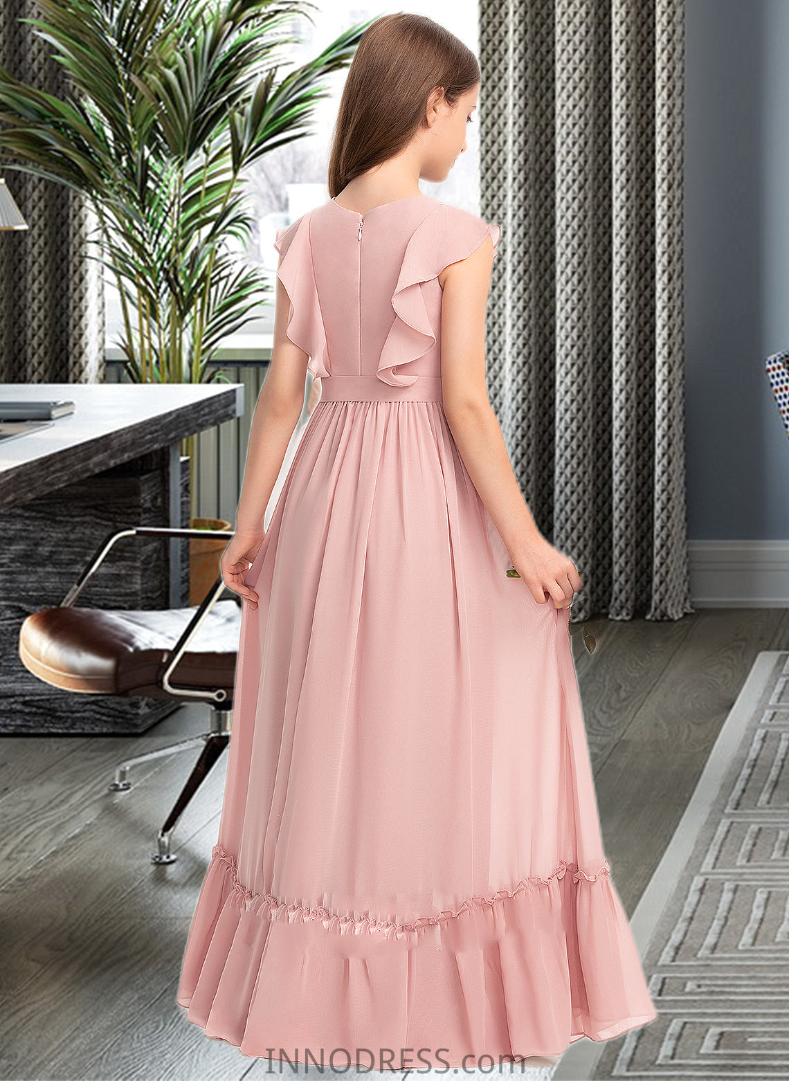 Lizeth A-Line Scoop Neck Floor-Length Chiffon Junior Bridesmaid Dress With Bow(s) Cascading Ruffles DPP0013375