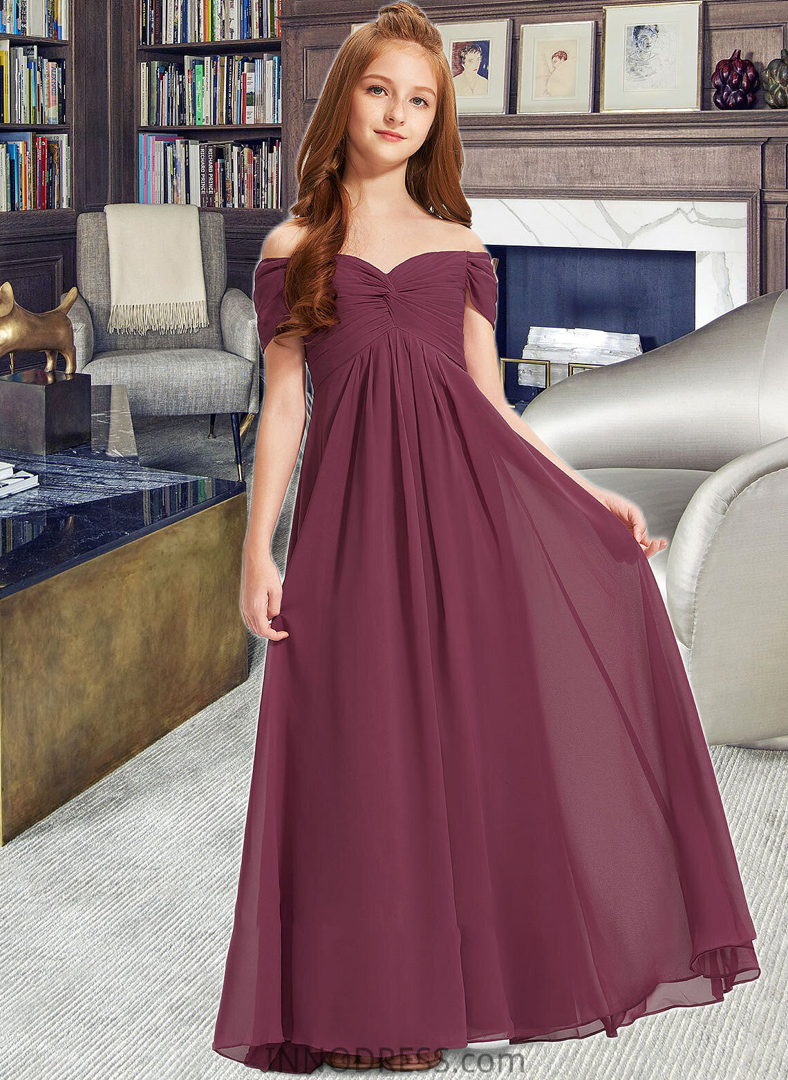 Ariel A-Line Off-the-Shoulder Floor-Length Chiffon Junior Bridesmaid Dress With Ruffle DPP0013376