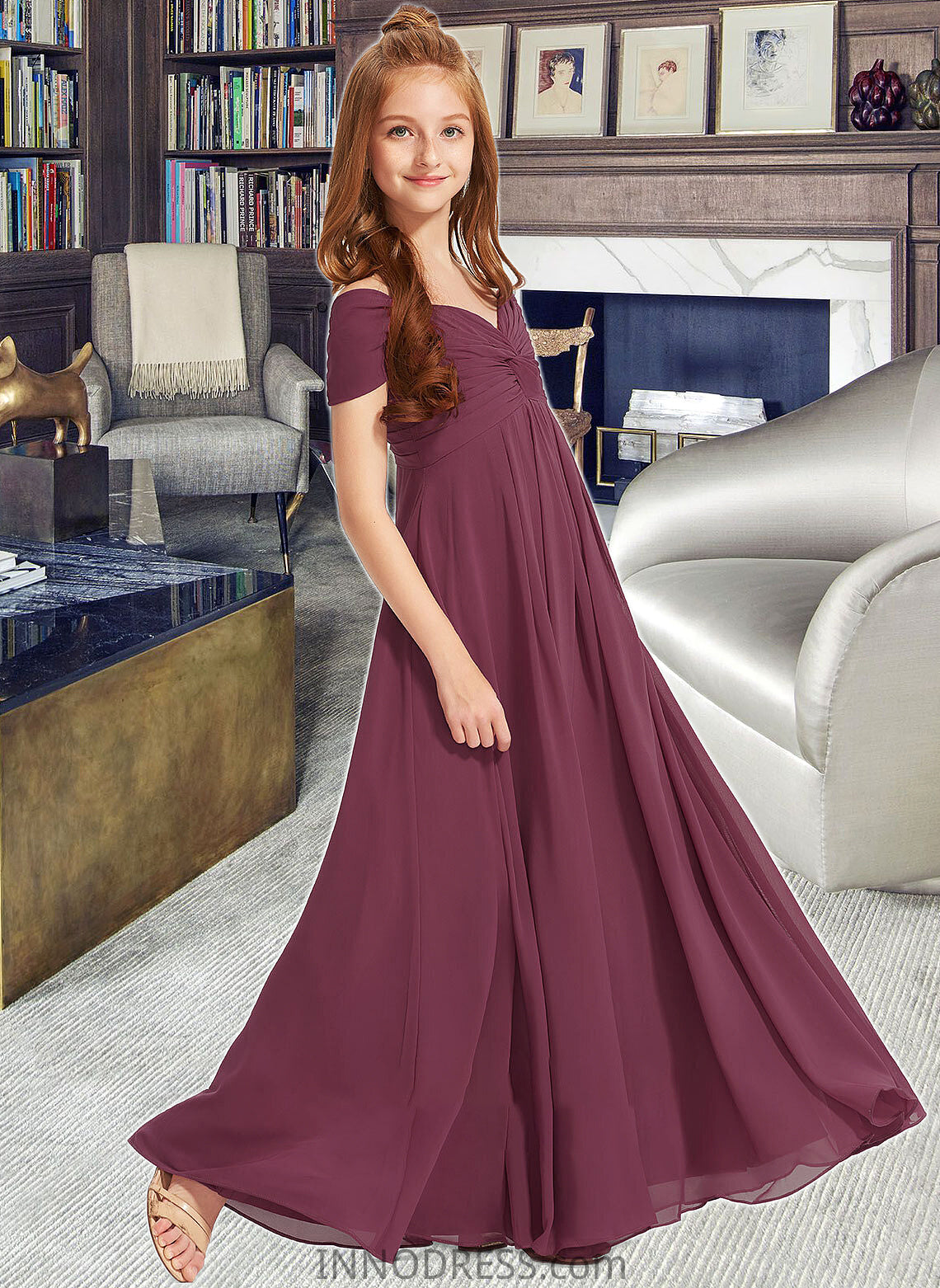 Ariel A-Line Off-the-Shoulder Floor-Length Chiffon Junior Bridesmaid Dress With Ruffle DPP0013376