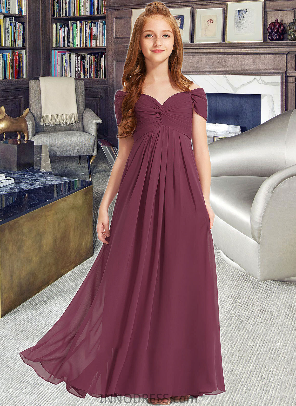 Ariel A-Line Off-the-Shoulder Floor-Length Chiffon Junior Bridesmaid Dress With Ruffle DPP0013376