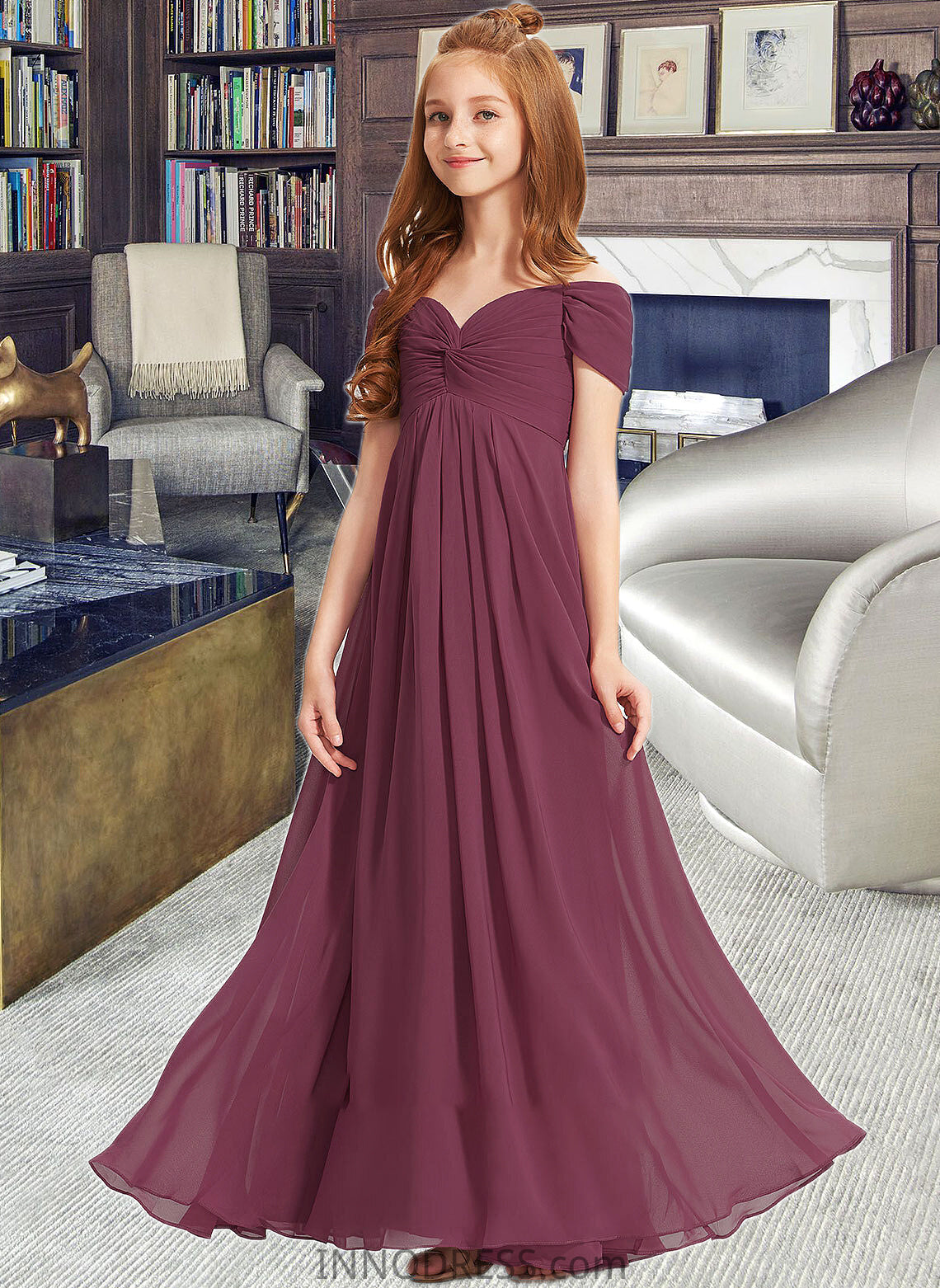 Ariel A-Line Off-the-Shoulder Floor-Length Chiffon Junior Bridesmaid Dress With Ruffle DPP0013376