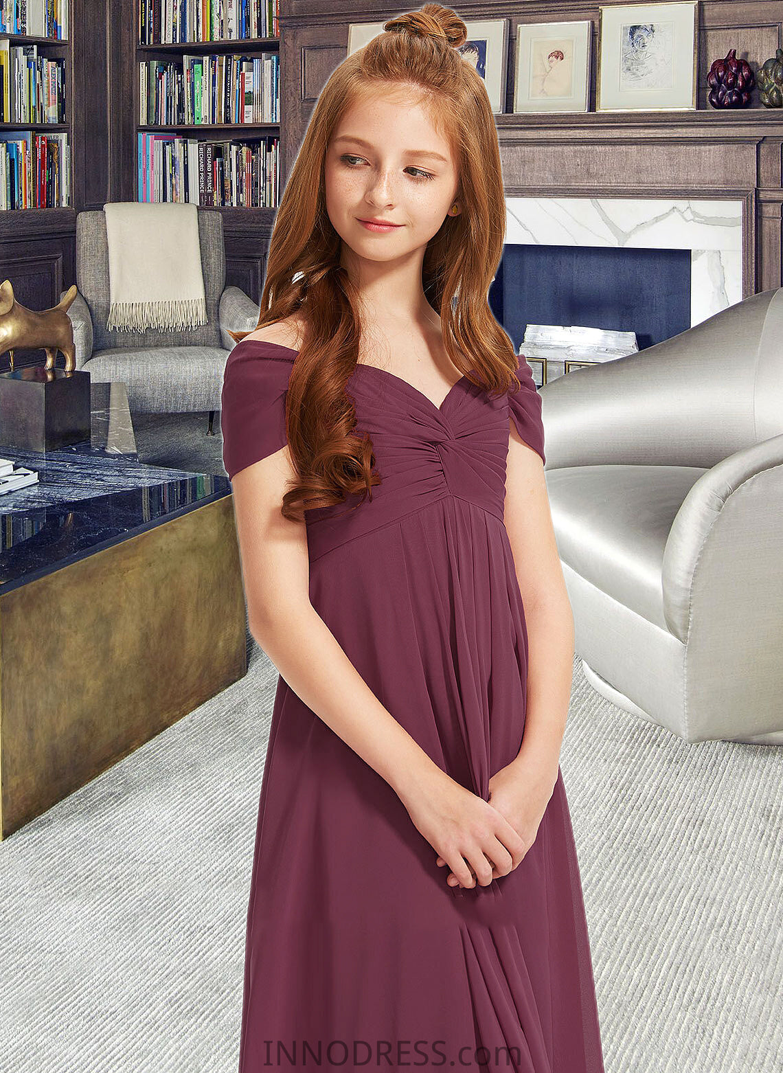 Ariel A-Line Off-the-Shoulder Floor-Length Chiffon Junior Bridesmaid Dress With Ruffle DPP0013376