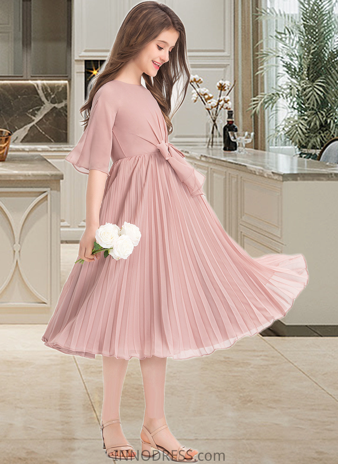 Marley A-Line Scoop Neck Knee-Length Chiffon Junior Bridesmaid Dress With Bow(s) Pleated DPP0013377