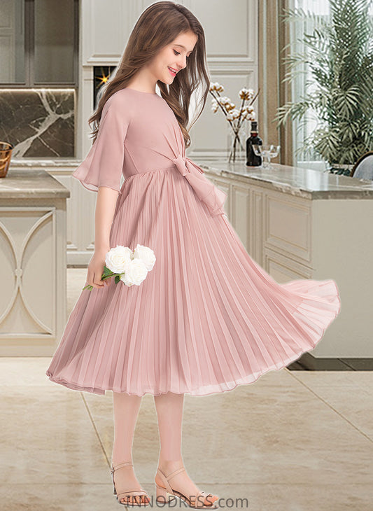 Marley A-Line Scoop Neck Knee-Length Chiffon Junior Bridesmaid Dress With Bow(s) Pleated DPP0013377