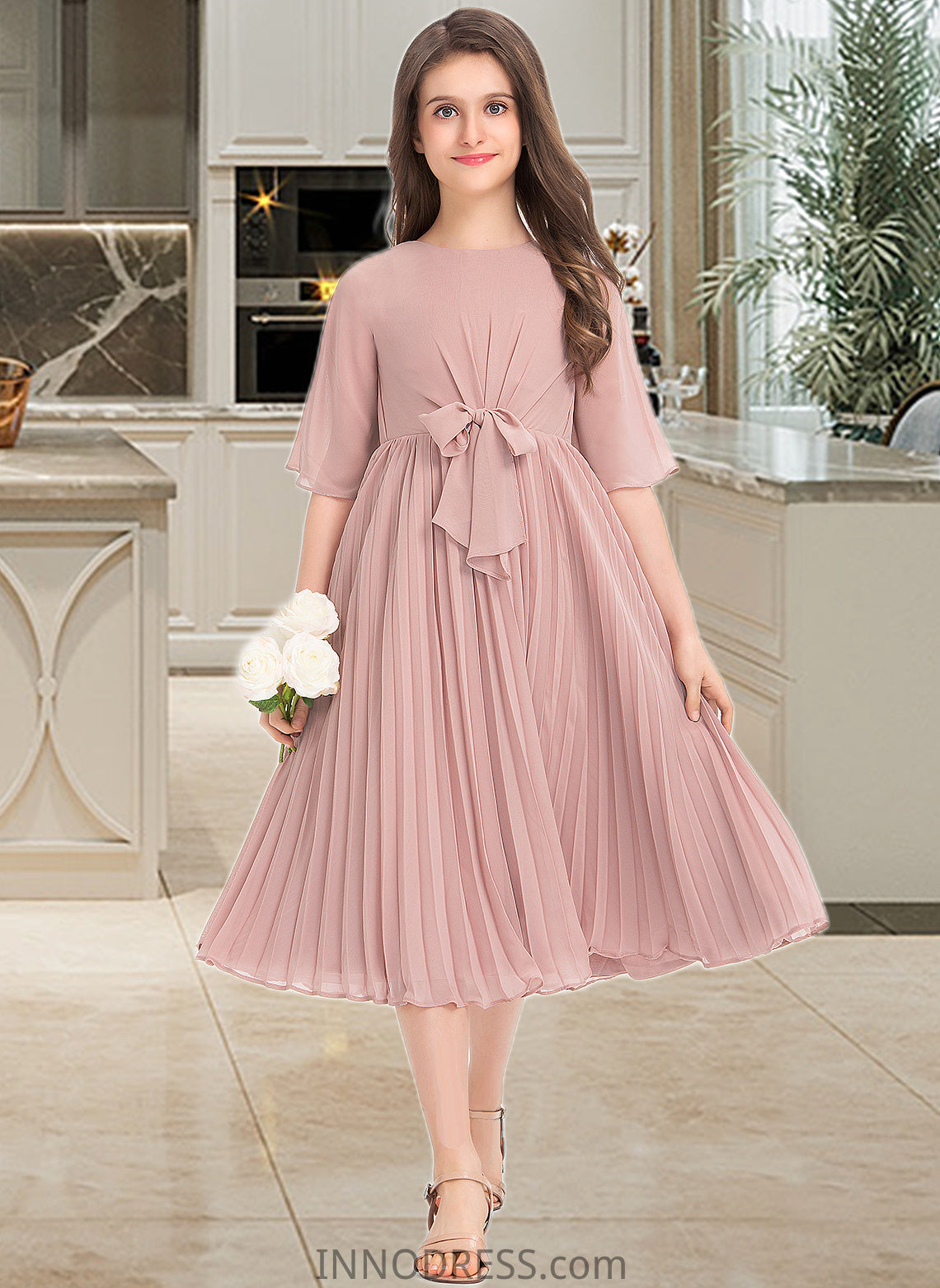 Marley A-Line Scoop Neck Knee-Length Chiffon Junior Bridesmaid Dress With Bow(s) Pleated DPP0013377