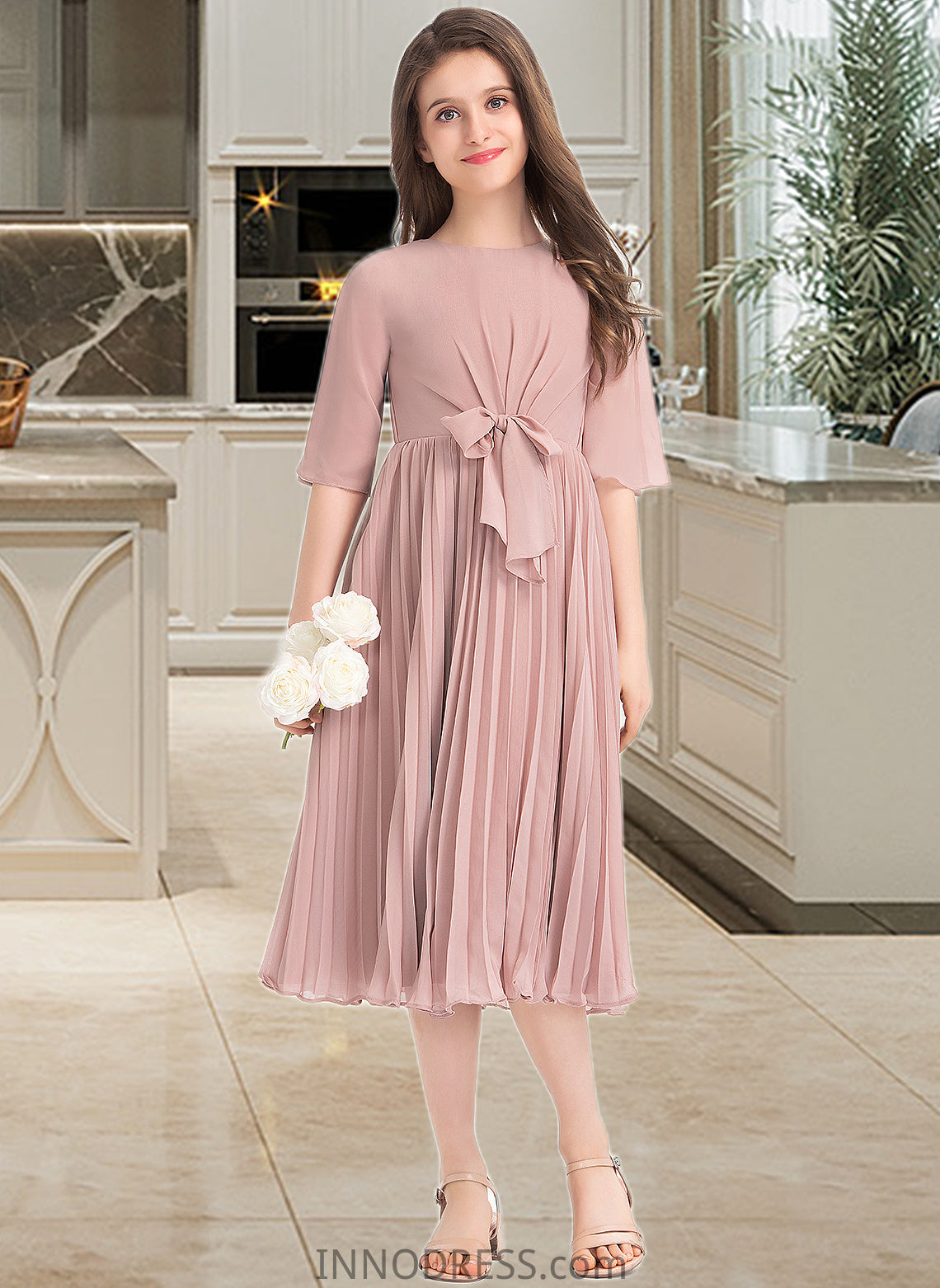 Marley A-Line Scoop Neck Knee-Length Chiffon Junior Bridesmaid Dress With Bow(s) Pleated DPP0013377