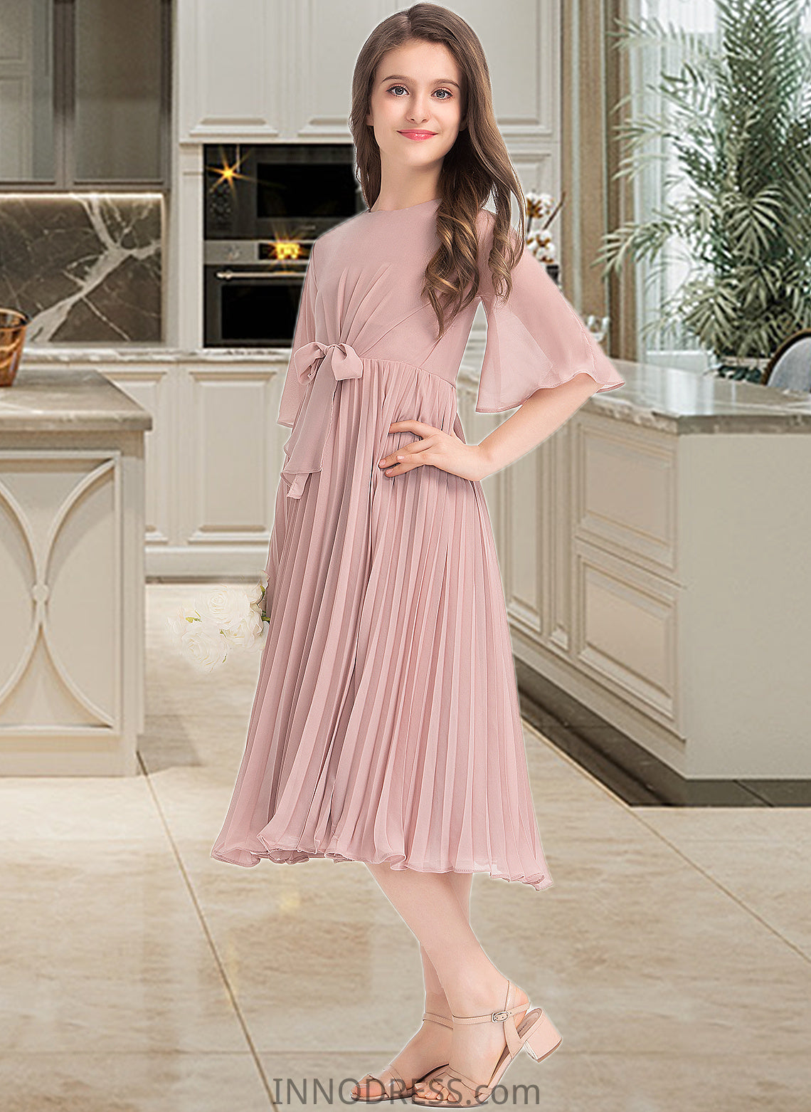 Marley A-Line Scoop Neck Knee-Length Chiffon Junior Bridesmaid Dress With Bow(s) Pleated DPP0013377