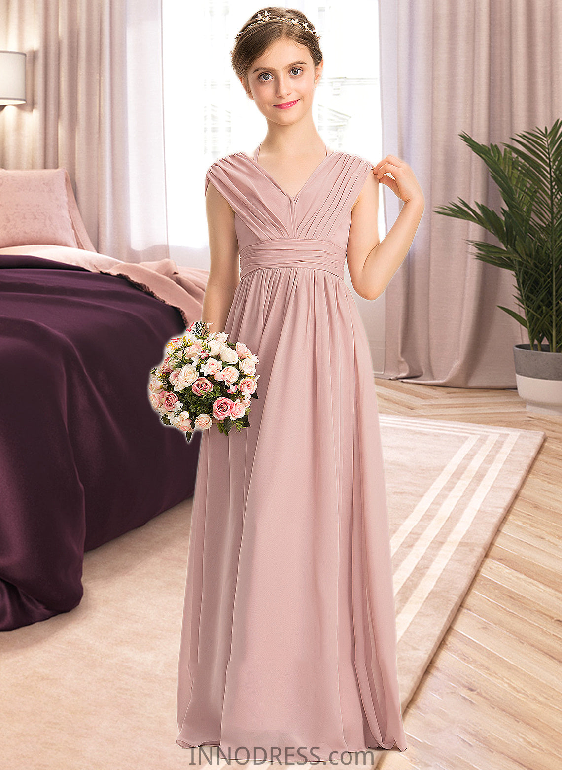 Emilia A-Line V-neck Floor-Length Chiffon Junior Bridesmaid Dress With Ruffle Bow(s) DPP0013378