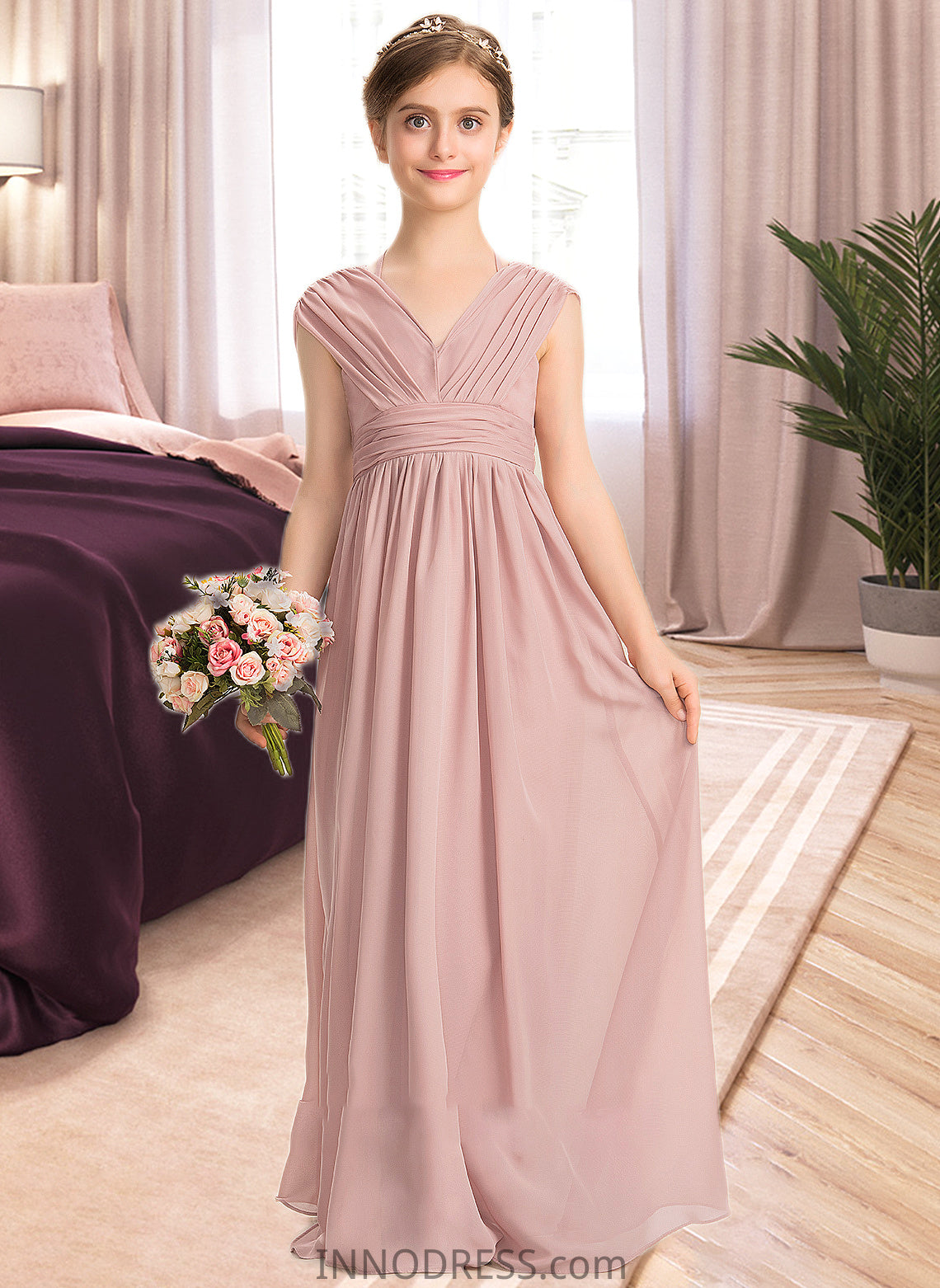 Emilia A-Line V-neck Floor-Length Chiffon Junior Bridesmaid Dress With Ruffle Bow(s) DPP0013378