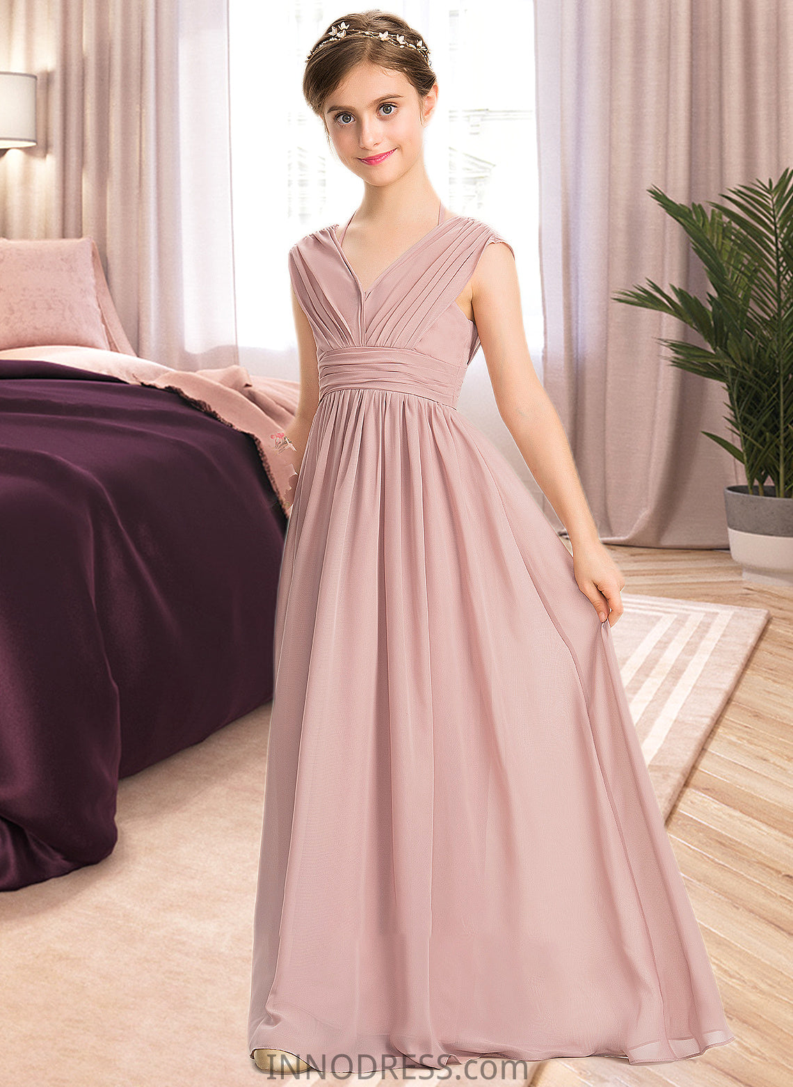 Emilia A-Line V-neck Floor-Length Chiffon Junior Bridesmaid Dress With Ruffle Bow(s) DPP0013378