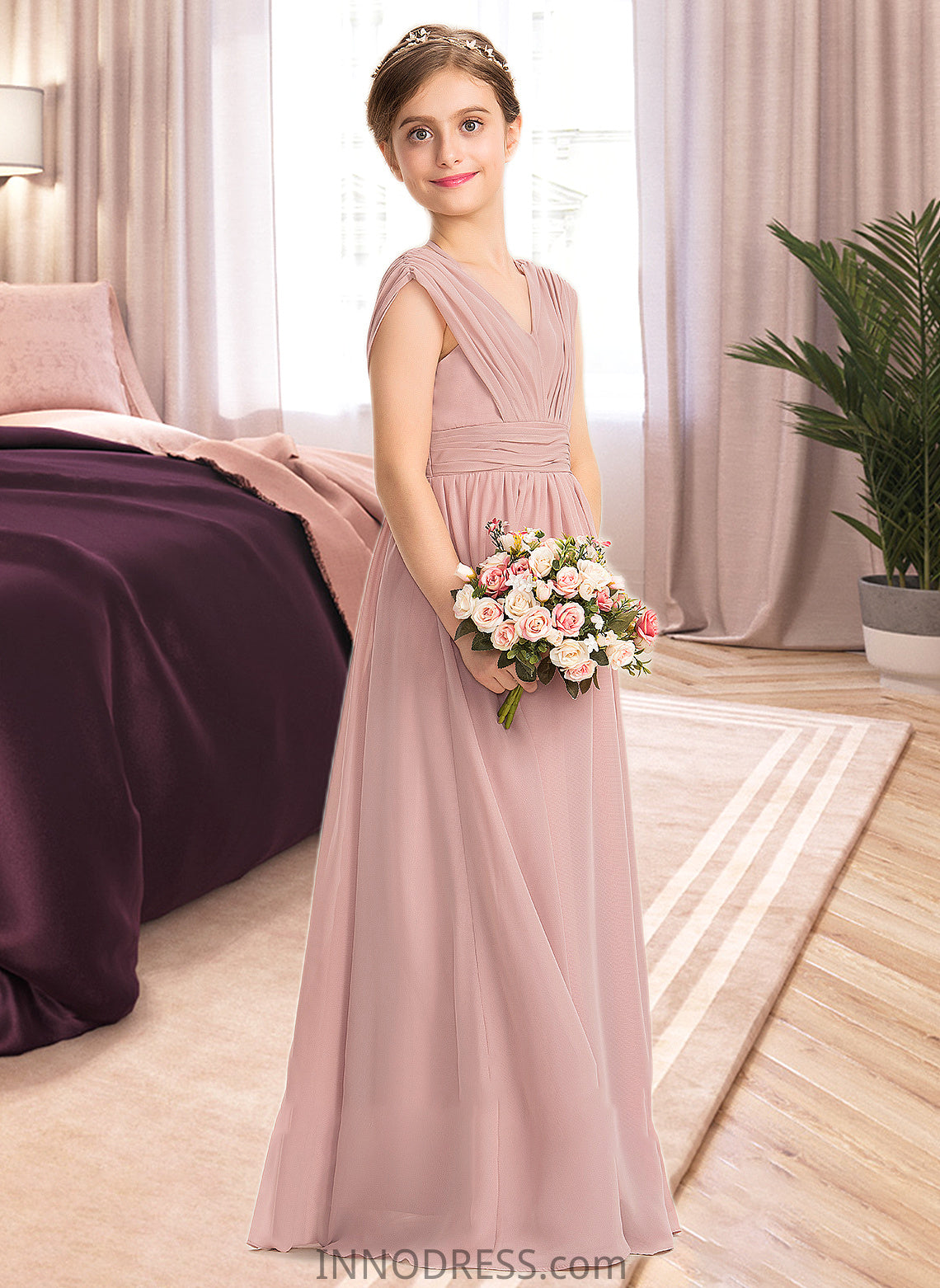 Emilia A-Line V-neck Floor-Length Chiffon Junior Bridesmaid Dress With Ruffle Bow(s) DPP0013378