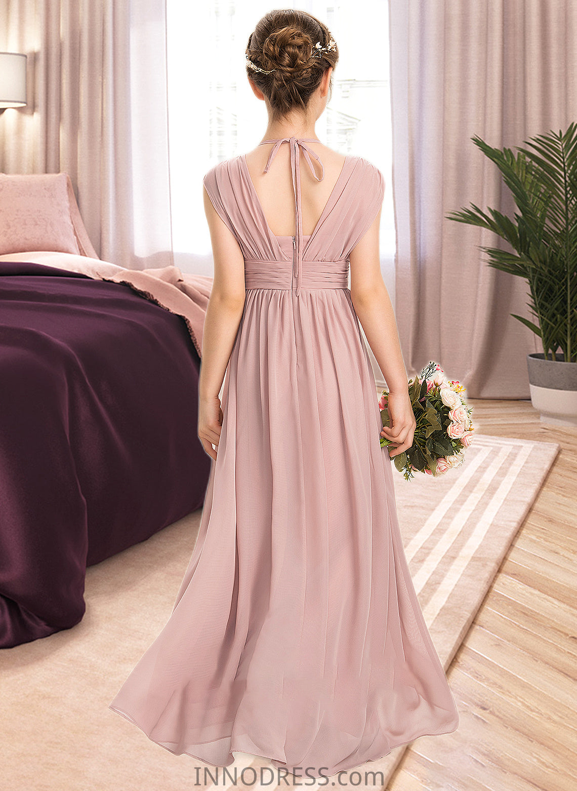 Emilia A-Line V-neck Floor-Length Chiffon Junior Bridesmaid Dress With Ruffle Bow(s) DPP0013378