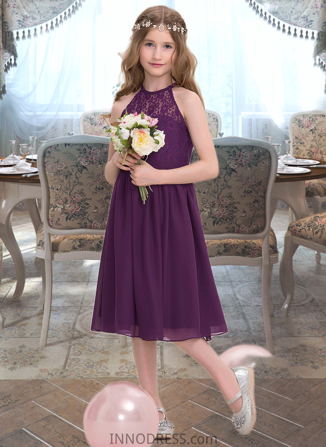 Jayda A-Line Scoop Neck Knee-Length Chiffon Junior Bridesmaid Dress DPP0013379