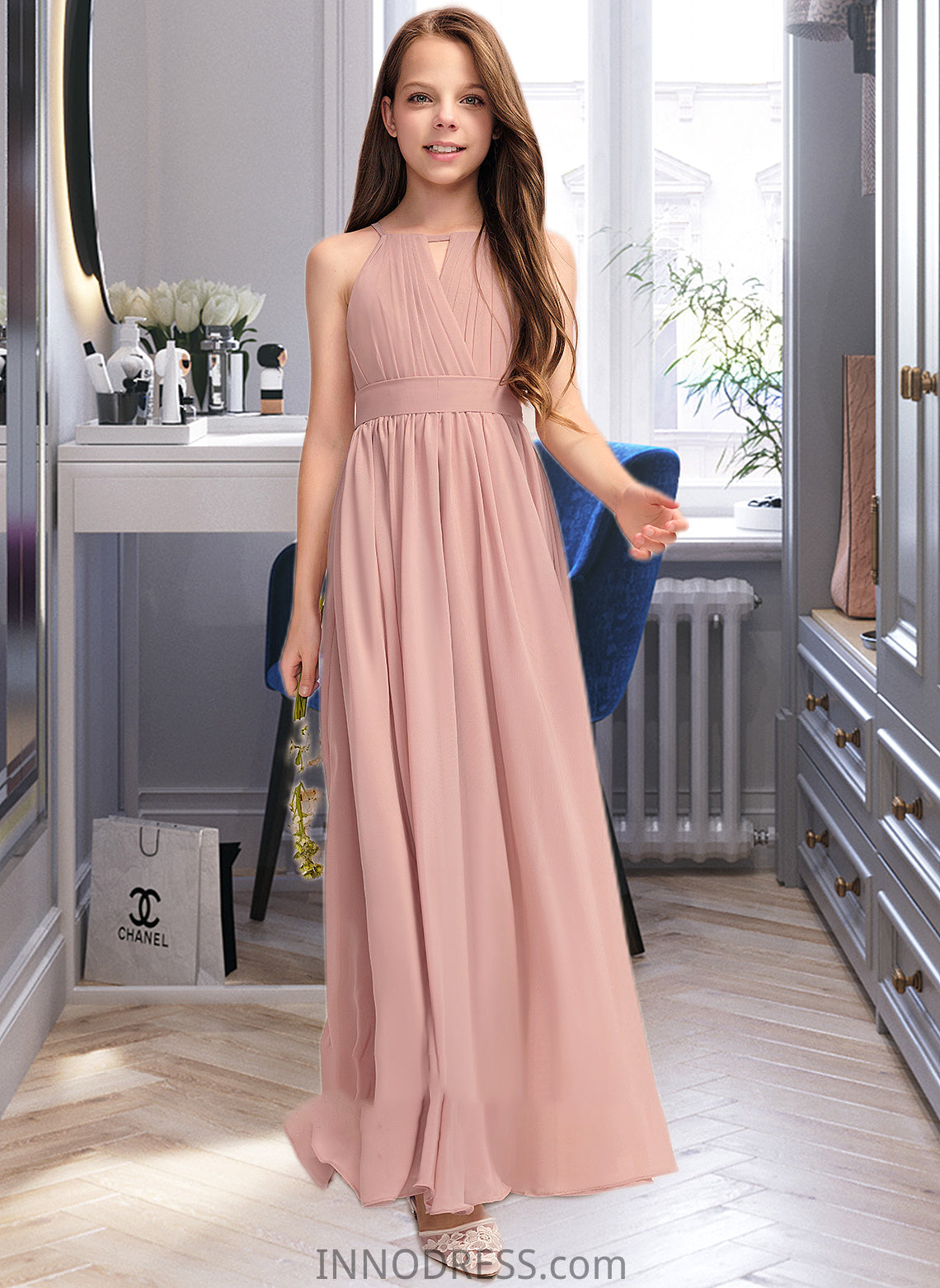 Anya A-Line Scoop Neck Floor-Length Chiffon Junior Bridesmaid Dress With Ruffle Bow(s) DPP0013380