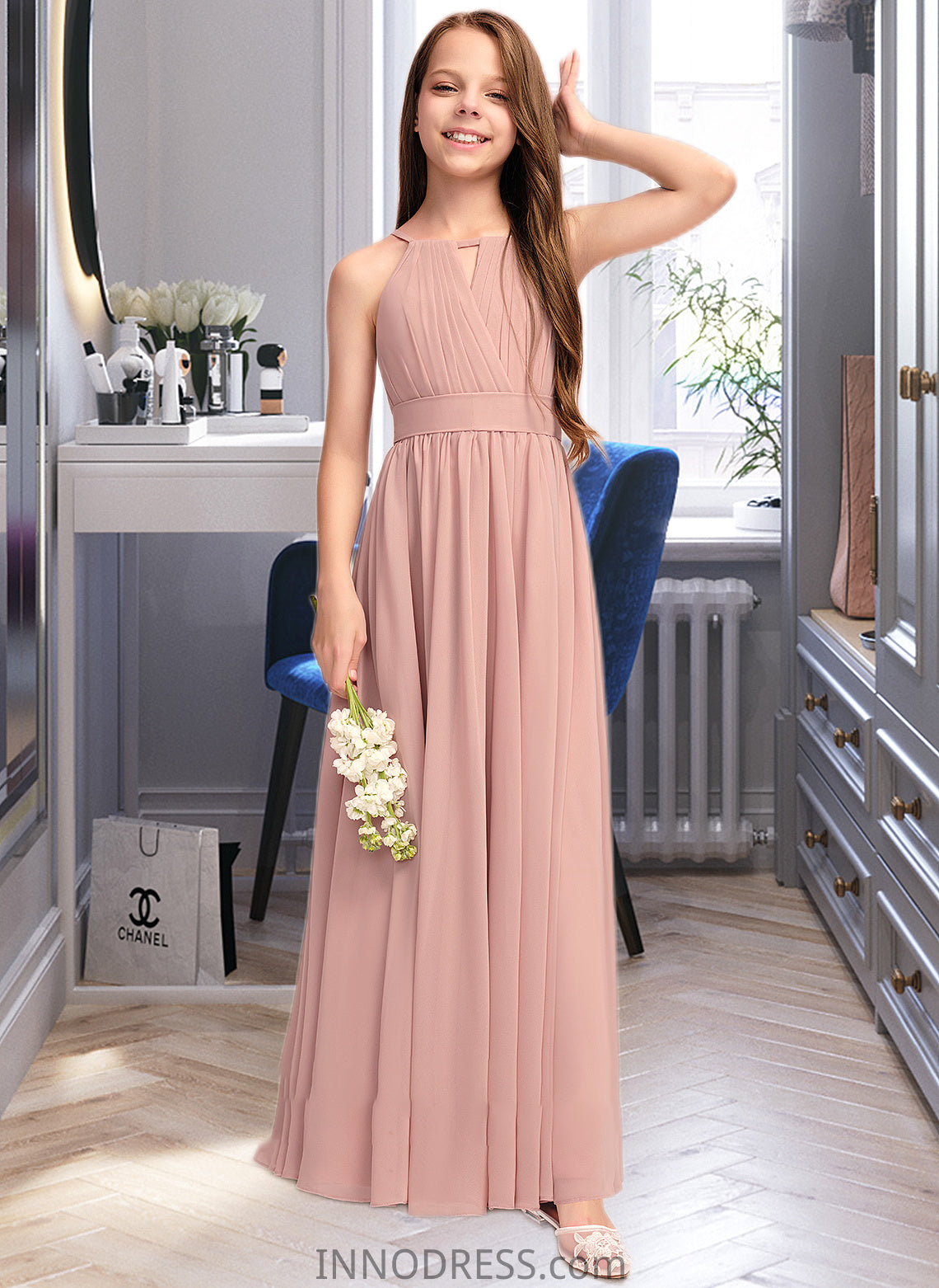 Anya A-Line Scoop Neck Floor-Length Chiffon Junior Bridesmaid Dress With Ruffle Bow(s) DPP0013380