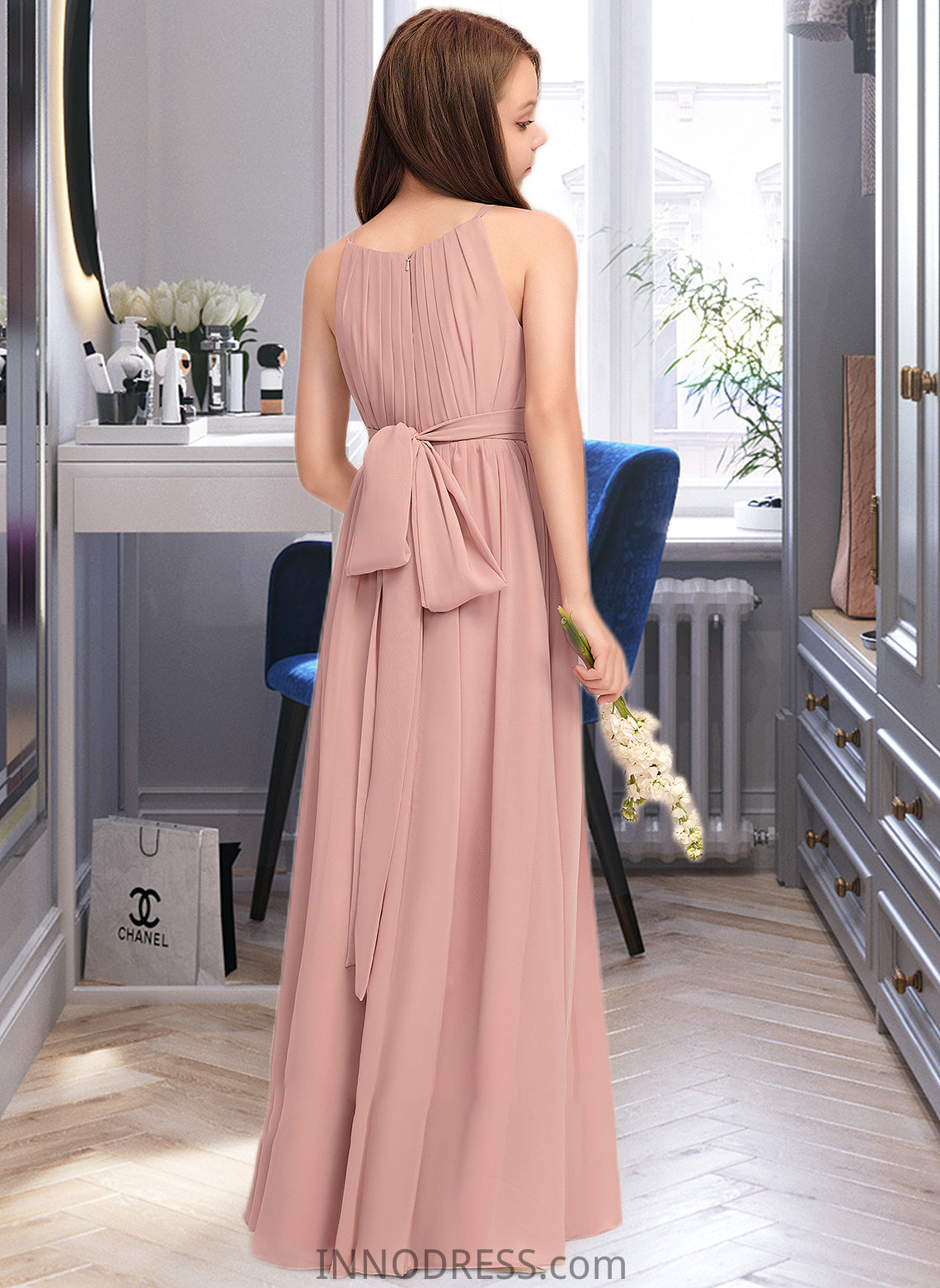 Anya A-Line Scoop Neck Floor-Length Chiffon Junior Bridesmaid Dress With Ruffle Bow(s) DPP0013380