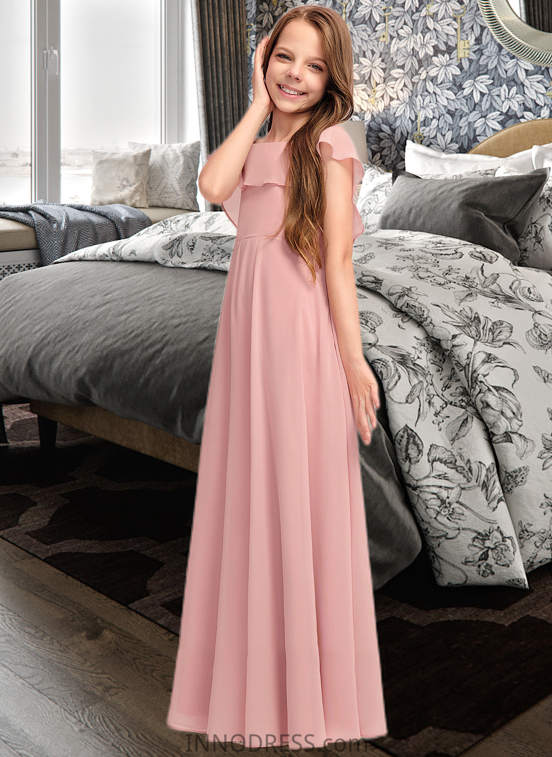 Abbigail A-Line Scoop Neck Floor-Length Chiffon Junior Bridesmaid Dress With Cascading Ruffles DPP0013382